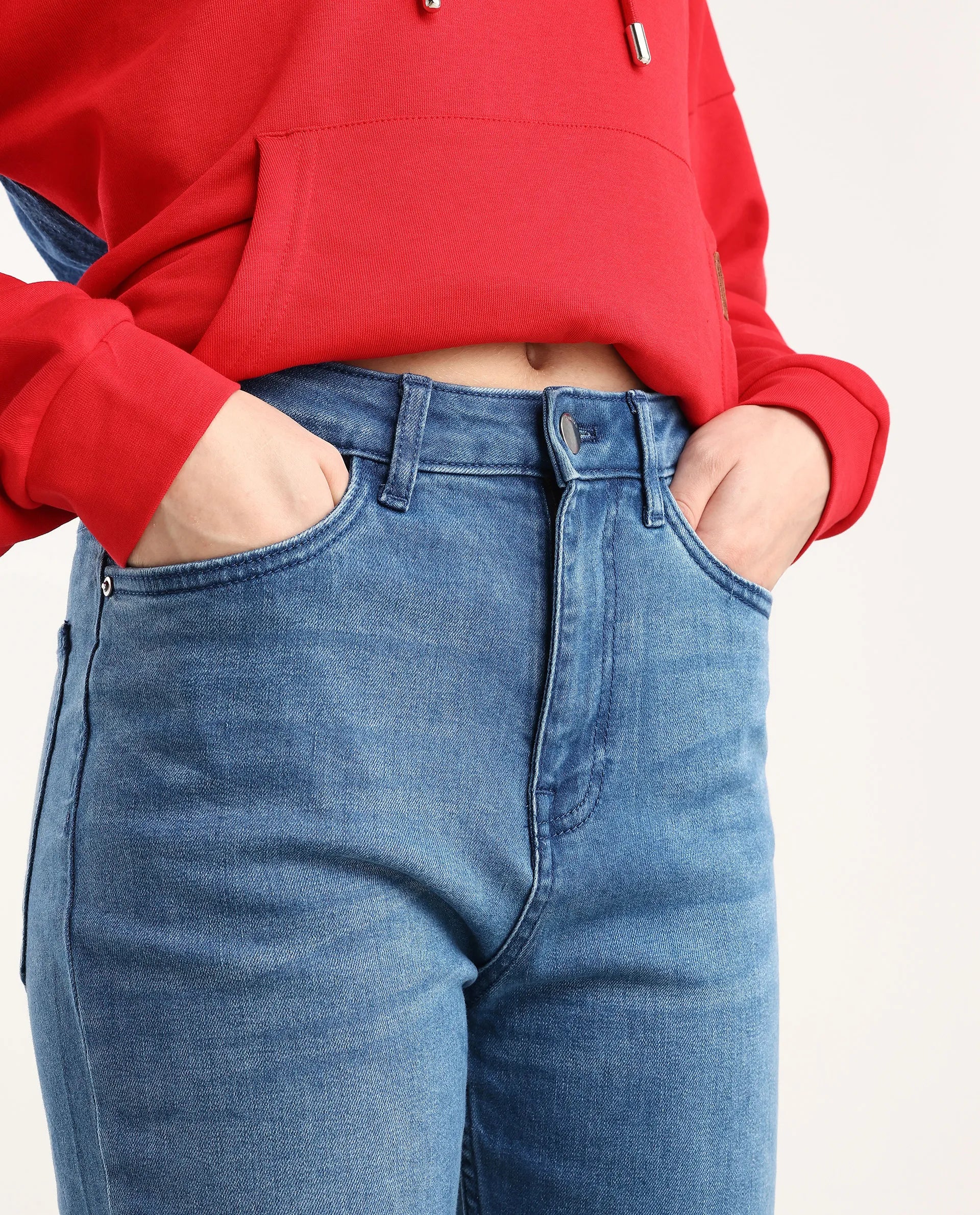 Rareism Women's Hadley Light Blue Cotton Blend Plain Ankle Length Bootcut Jeans