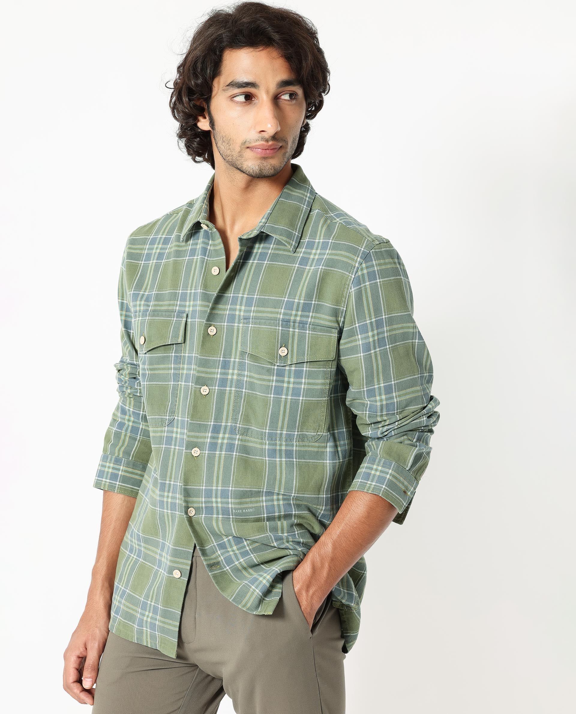 Rare Rabbit Men's Hadsten Green Cotton Fabric Full Sleeves Checks Shirt