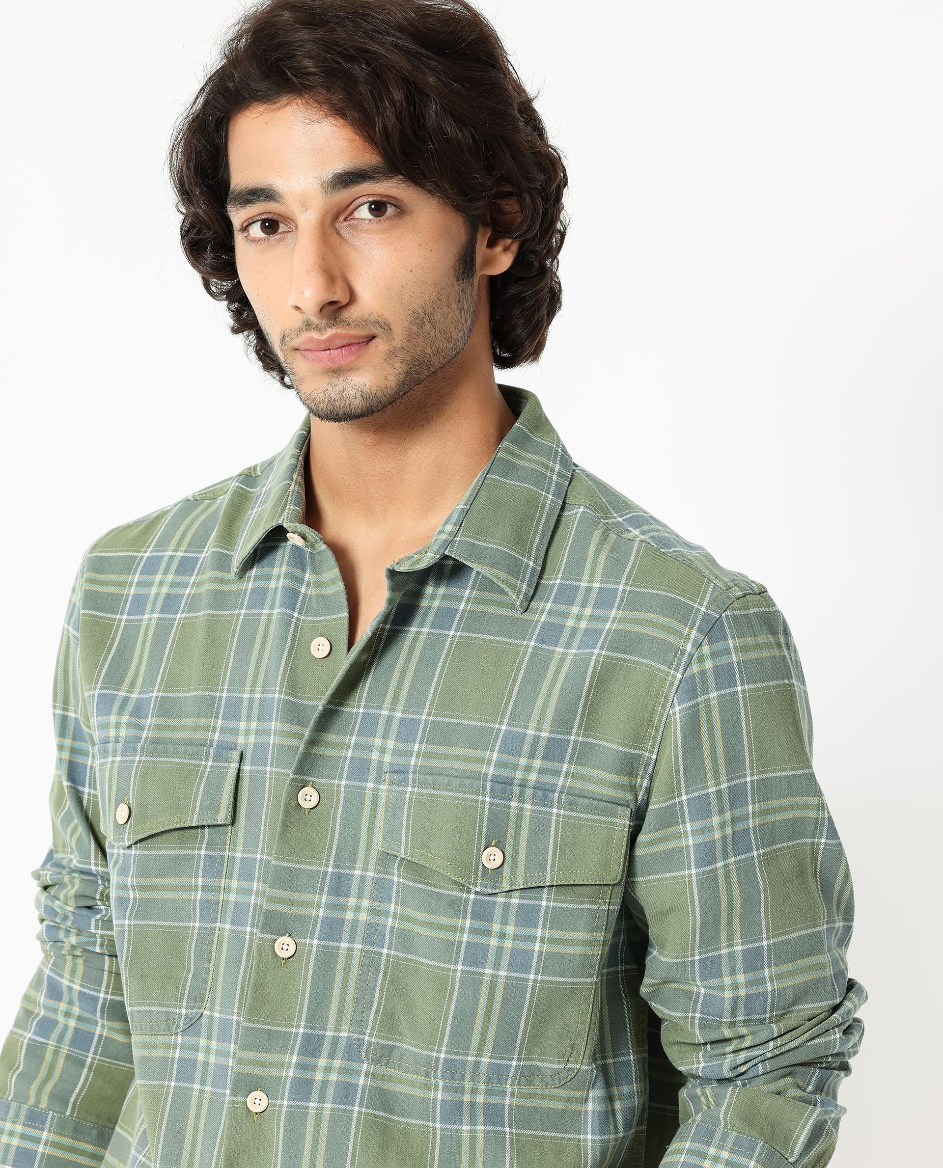 Rare Rabbit Men's Hadsten Green Cotton Fabric Full Sleeves Checks Shirt