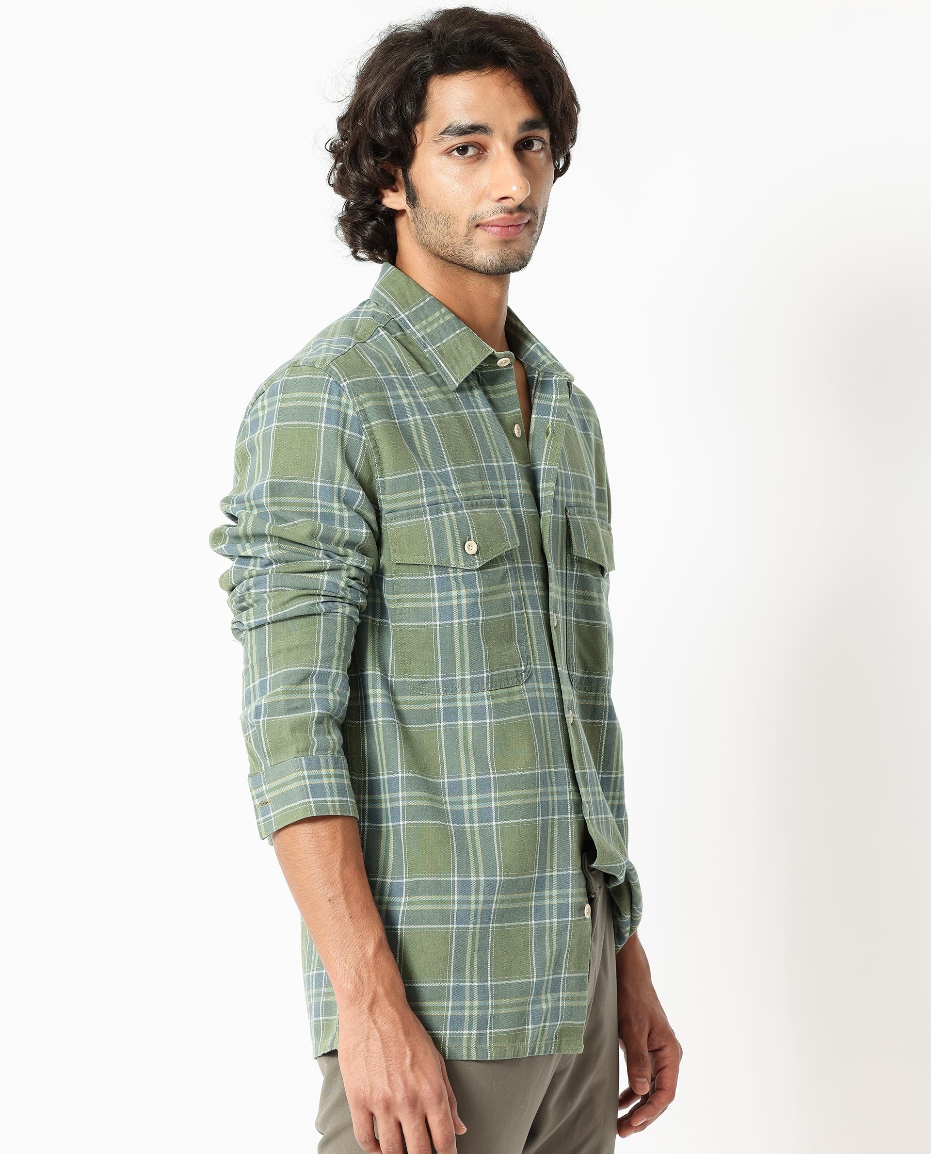 Rare Rabbit Men's Hadsten Green Cotton Fabric Full Sleeves Checks Shirt