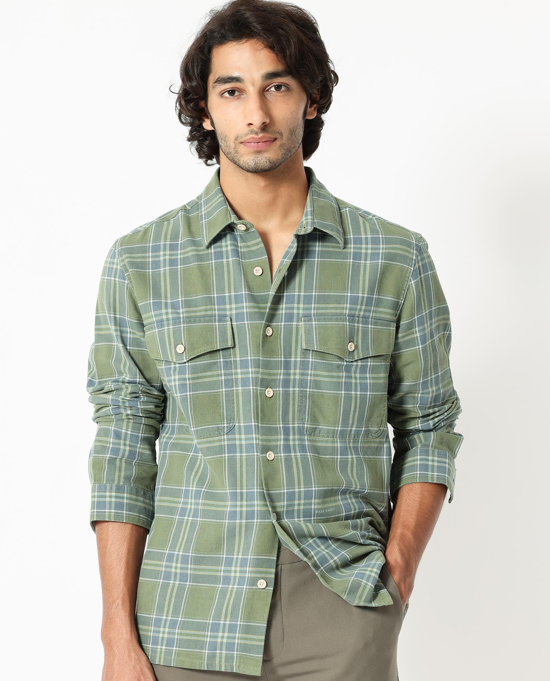 Rare Rabbit Men's Hadsten Green Cotton Fabric Full Sleeves Checks Shirt