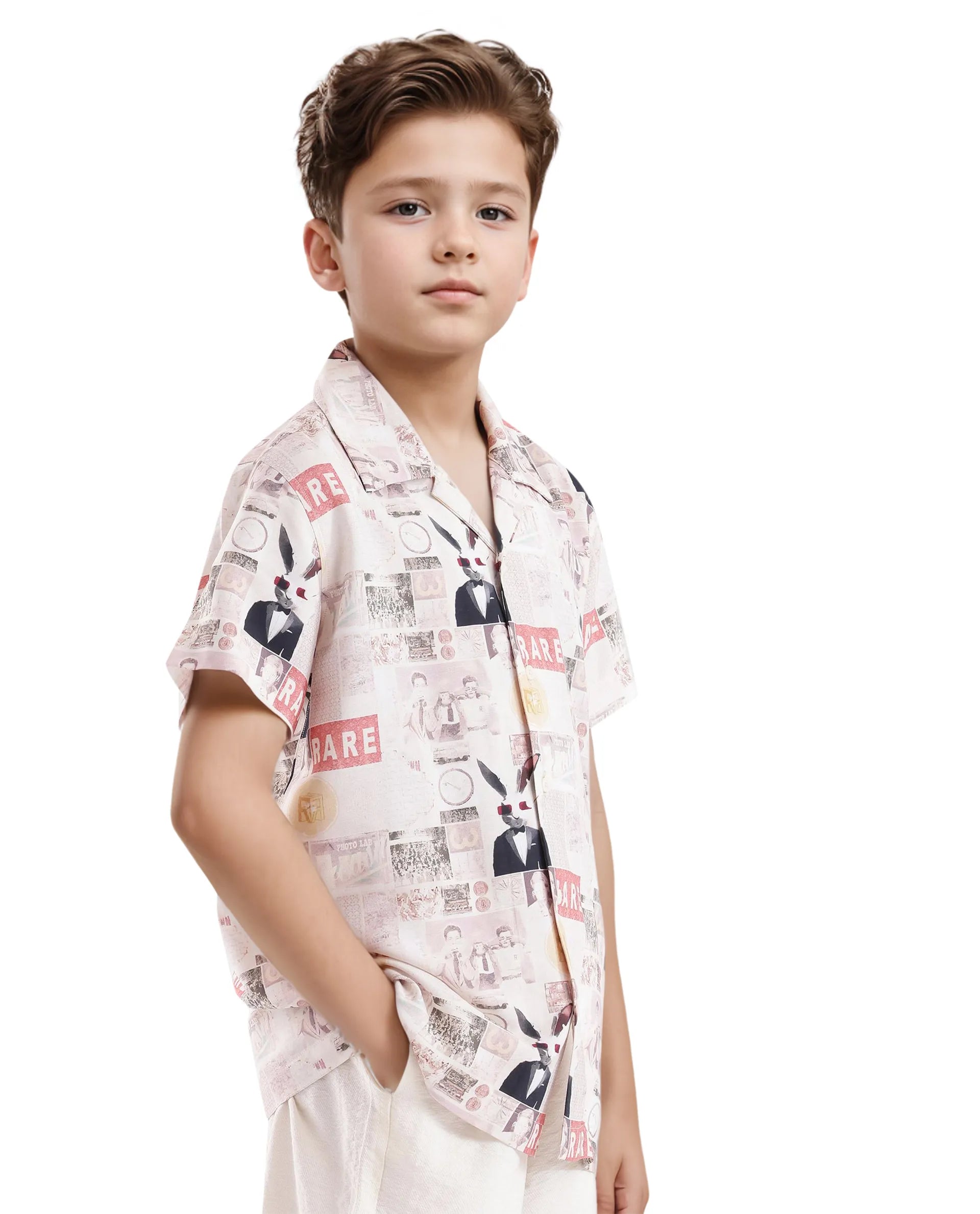 Rare Ones Kids Hage Beige Viscose Half Sleeve Cuban Collar Printed Shirt