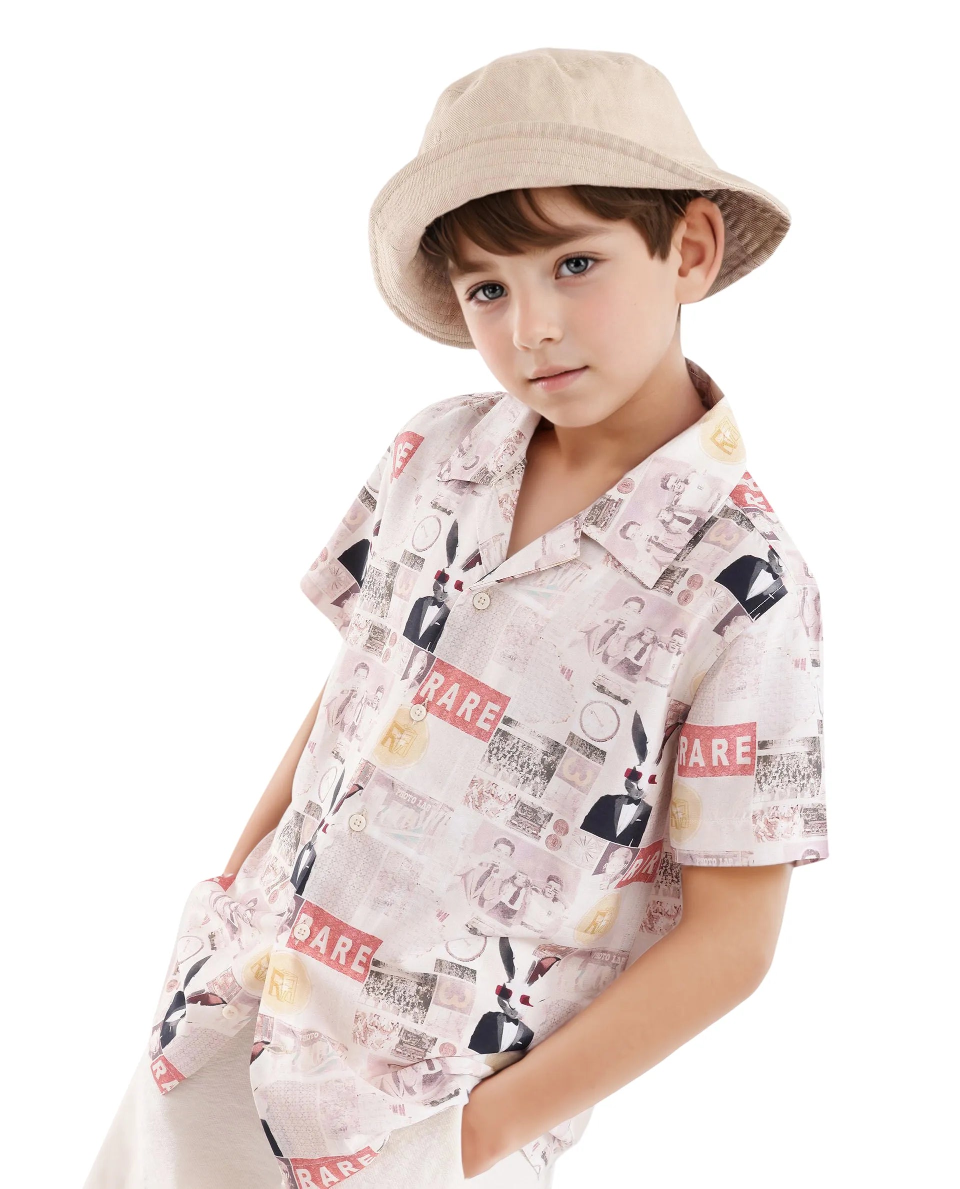Rare Ones Kids Hage Beige Viscose Half Sleeve Cuban Collar Printed Shirt