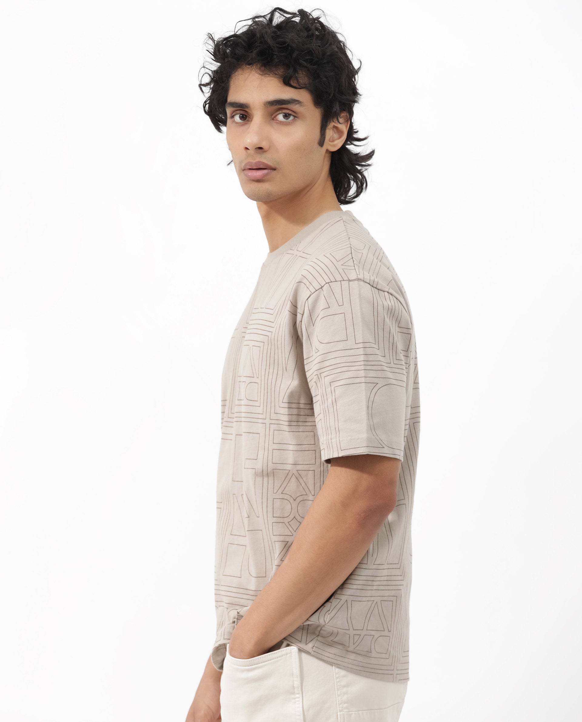 Rare Rabbit Articale Men's Hagrid Beige Cotton Polyester Fabric Crew Neck Oversized Fit Branded Graphic Print T-Shirt