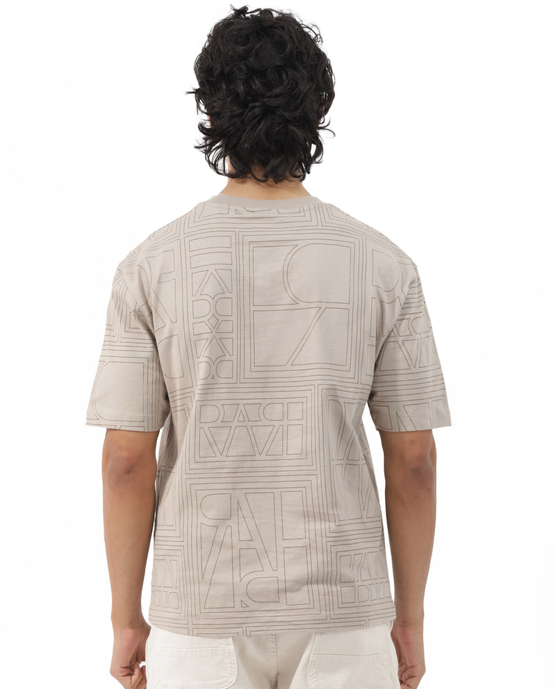 Rare Rabbit Articale Men's Hagrid Beige Cotton Polyester Fabric Crew Neck Oversized Fit Branded Graphic Print T-Shirt