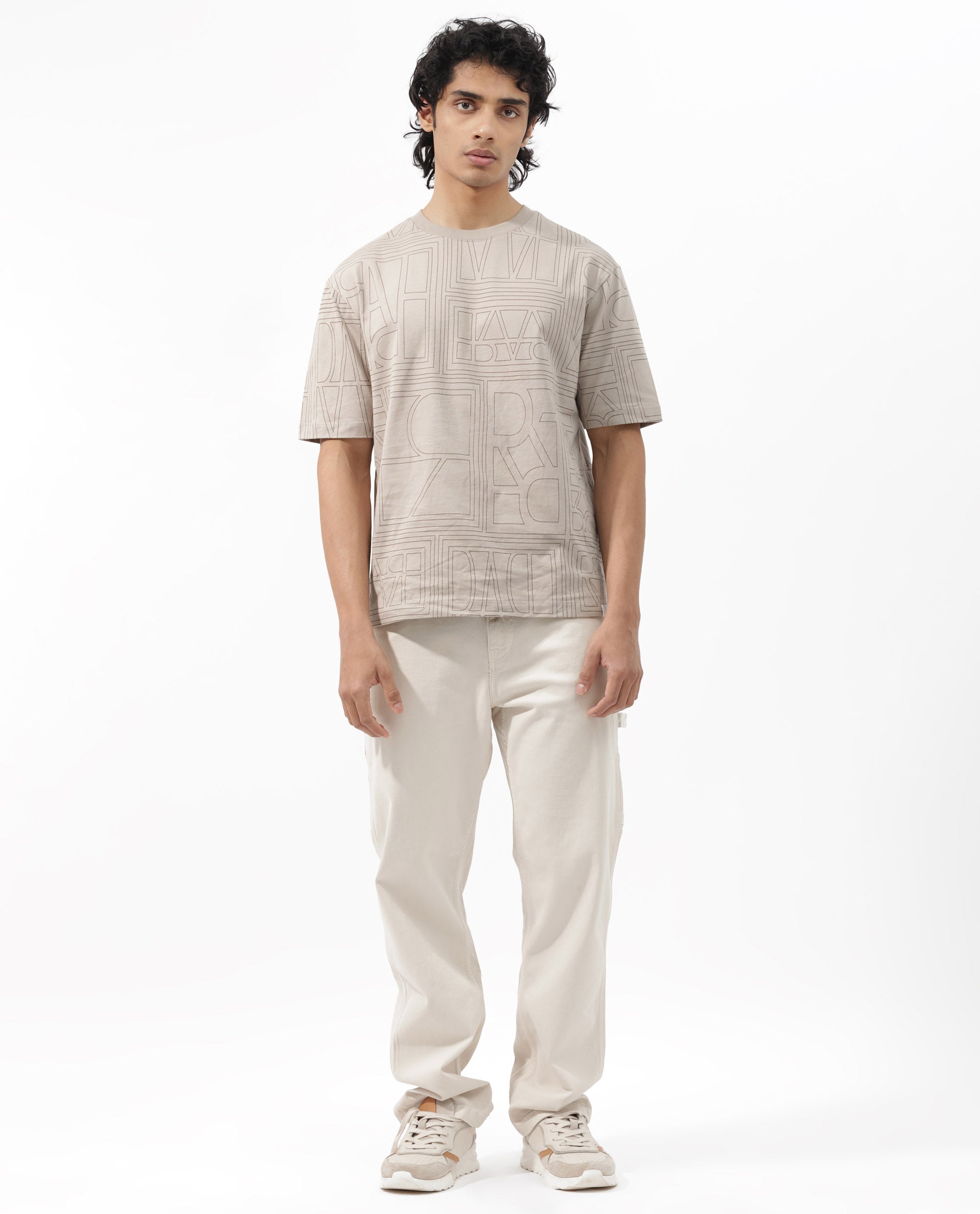 Rare Rabbit Articale Men's Hagrid Beige Cotton Polyester Fabric Crew Neck Oversized Fit Branded Graphic Print T-Shirt