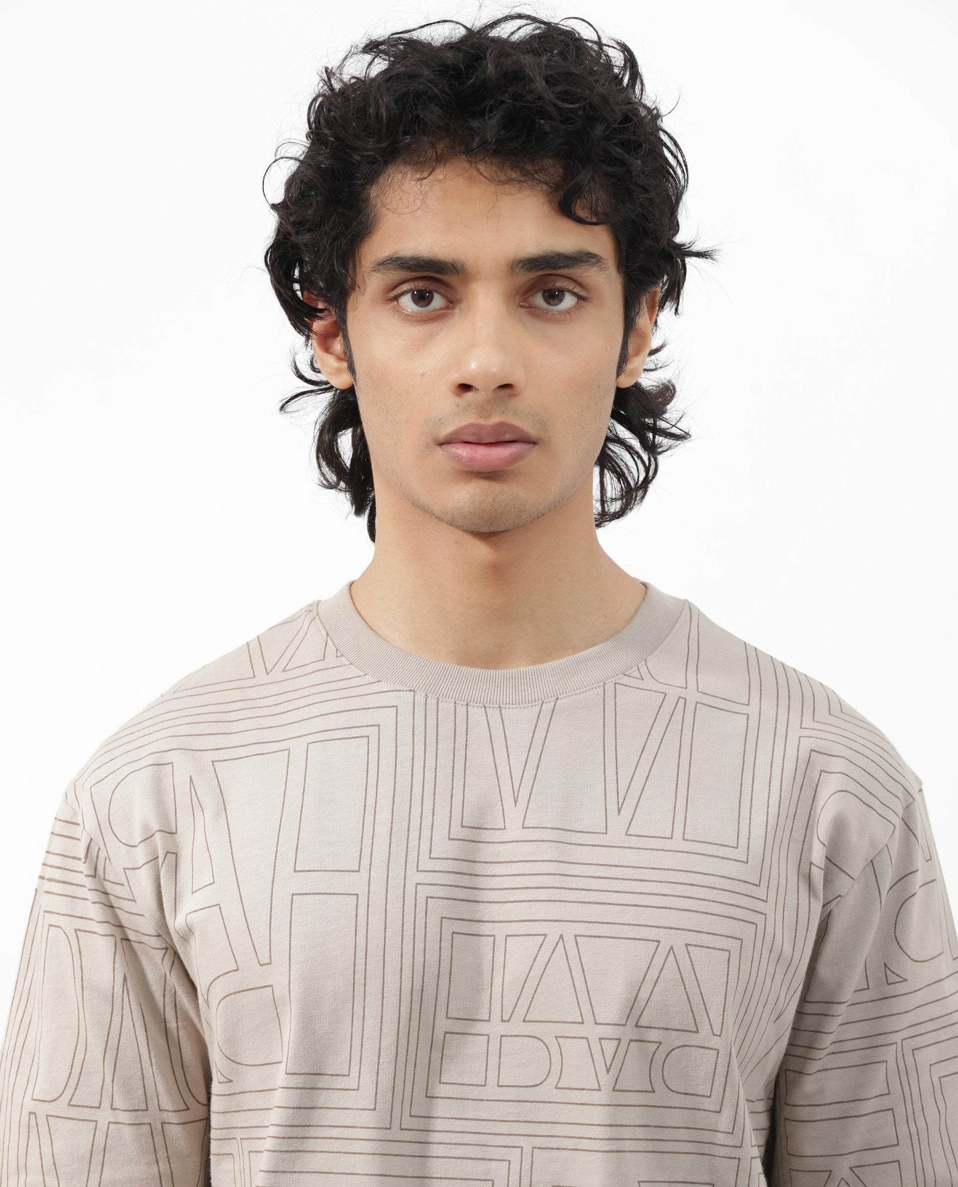 Rare Rabbit Articale Men's Hagrid Beige Cotton Polyester Fabric Crew Neck Oversized Fit Branded Graphic Print T-Shirt