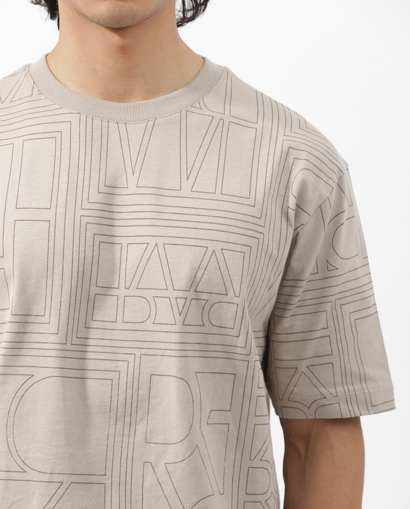 Rare Rabbit Articale Men's Hagrid Beige Cotton Polyester Fabric Crew Neck Oversized Fit Branded Graphic Print T-Shirt