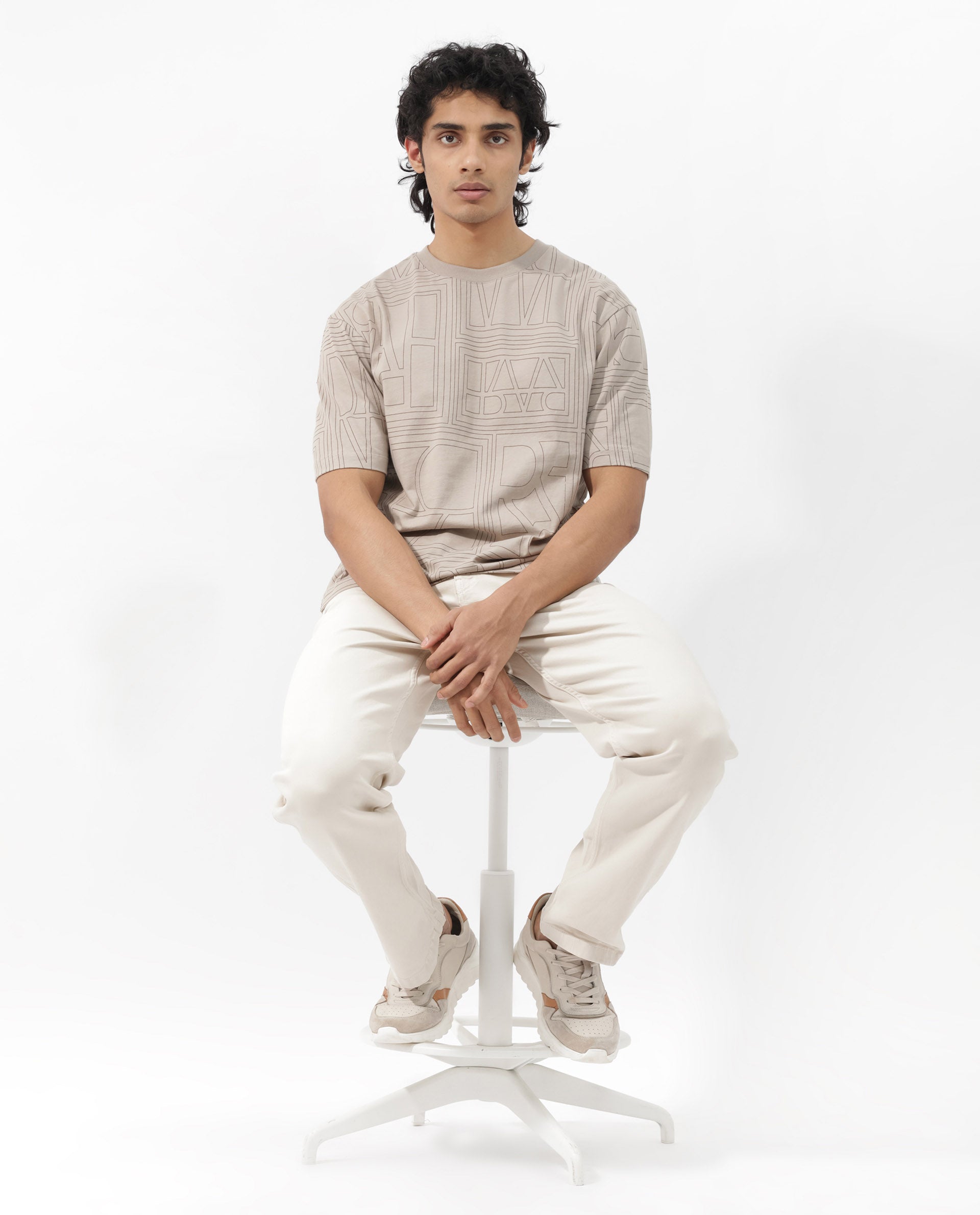 Rare Rabbit Articale Men's Hagrid Beige Cotton Polyester Fabric Crew Neck Oversized Fit Branded Graphic Print T-Shirt