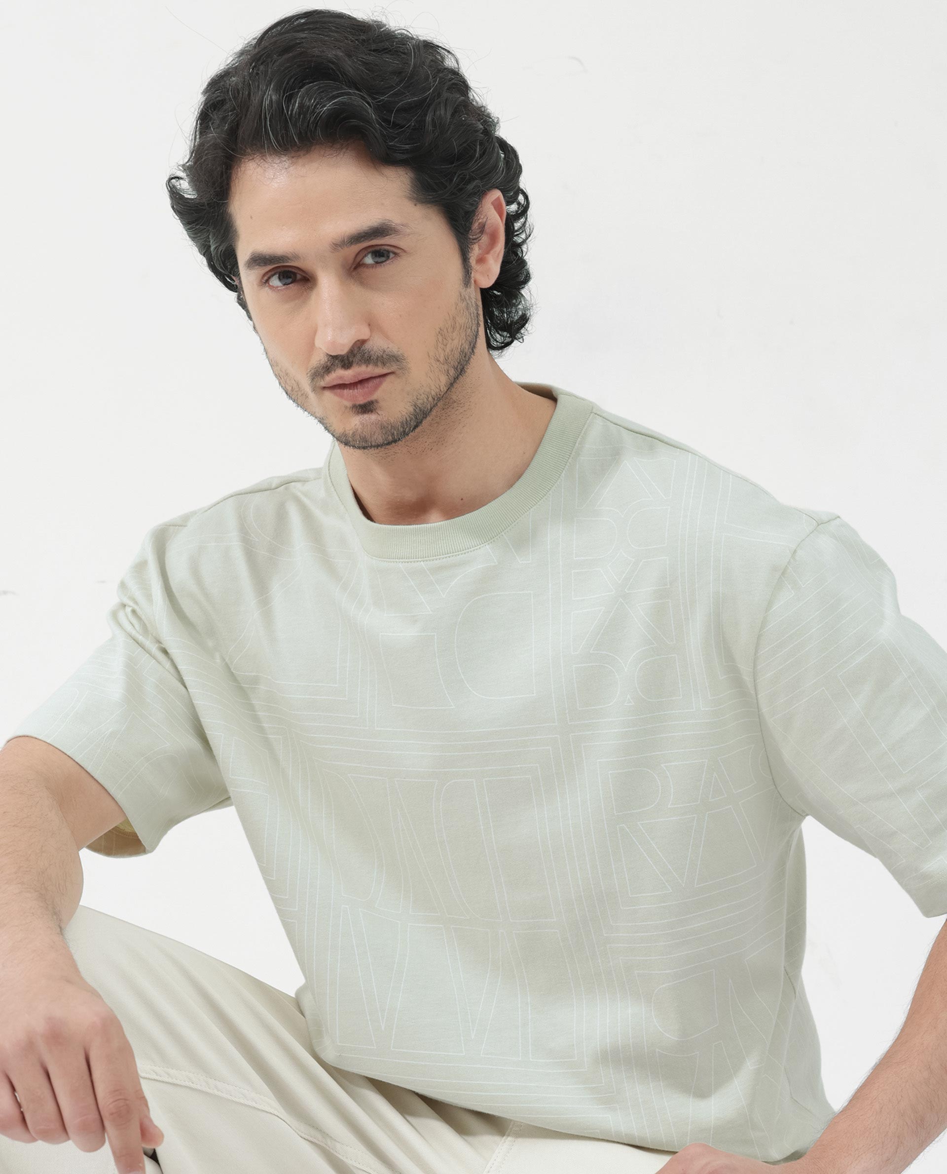 Rare Rabbit Articale Men's Hagrid Pastel Green Cotton Polyester Fabric Crew Neck Oversized Fit Branded Graphic Print T-Shirt