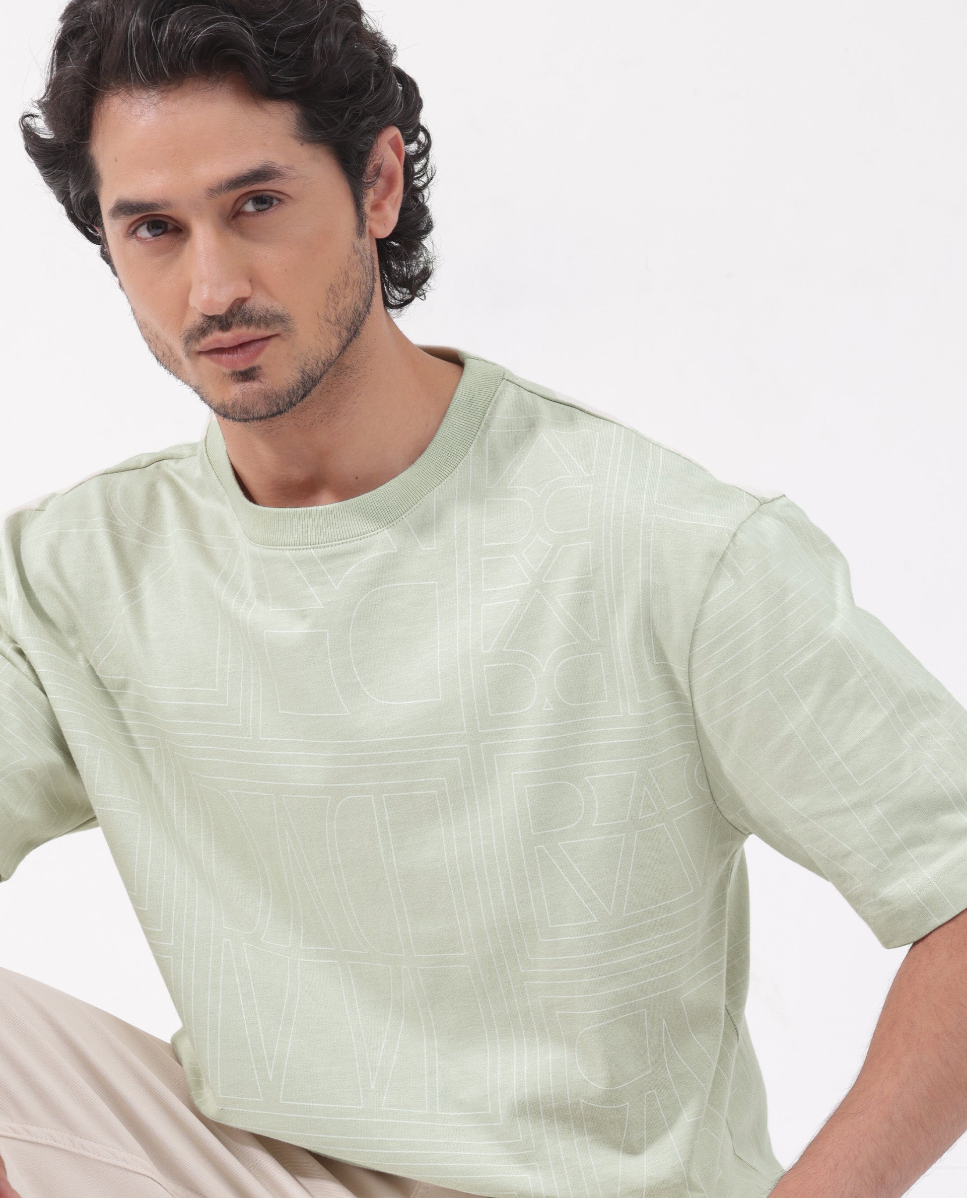 Rare Rabbit Articale Men's Hagrid Pastel Green Cotton Polyester Fabric Crew Neck Oversized Fit Branded Graphic Print T-Shirt