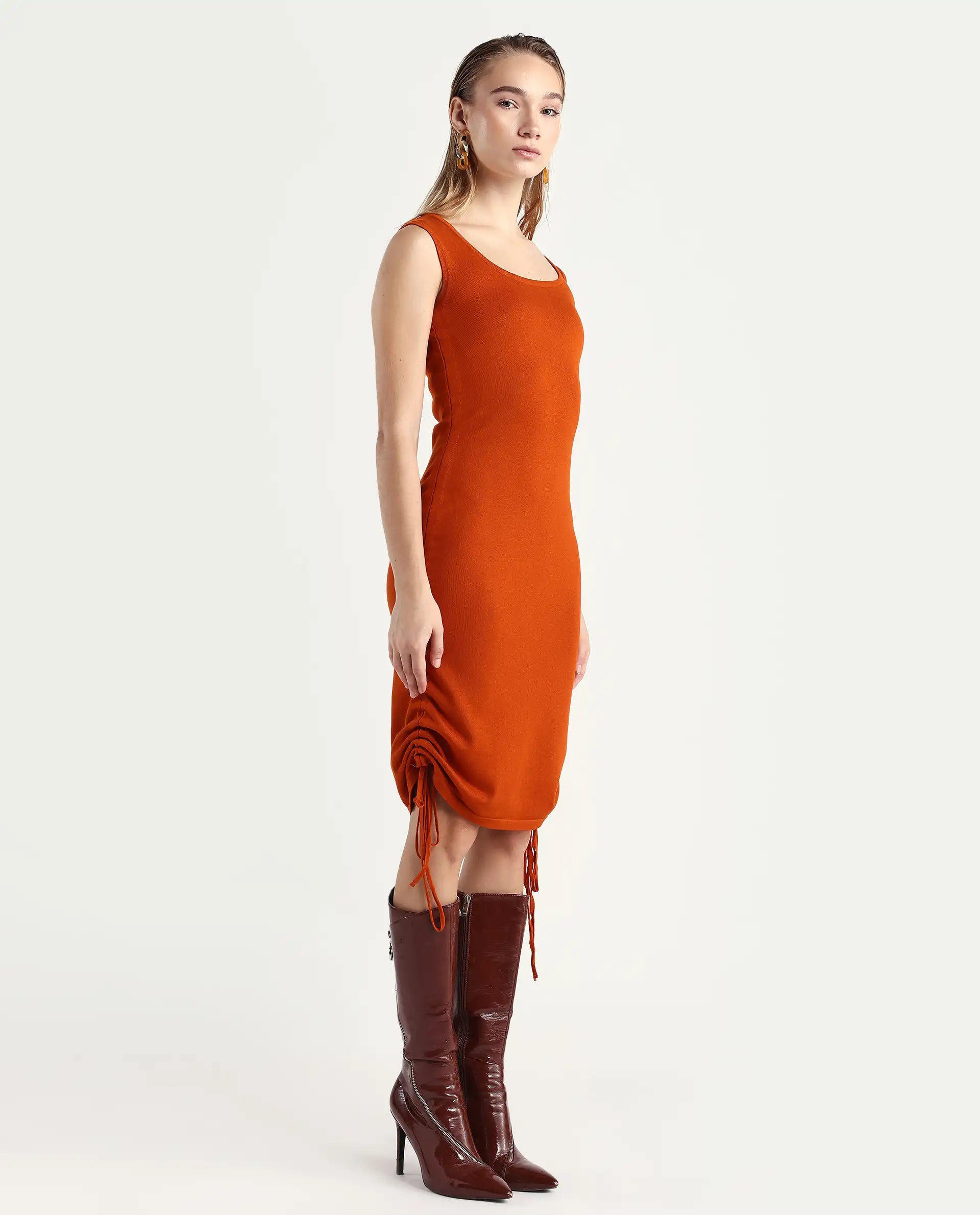 Rareism Women's Hailey Orange Viscose Square Neck Plain Sleeveless Mini Regular Fit Dress