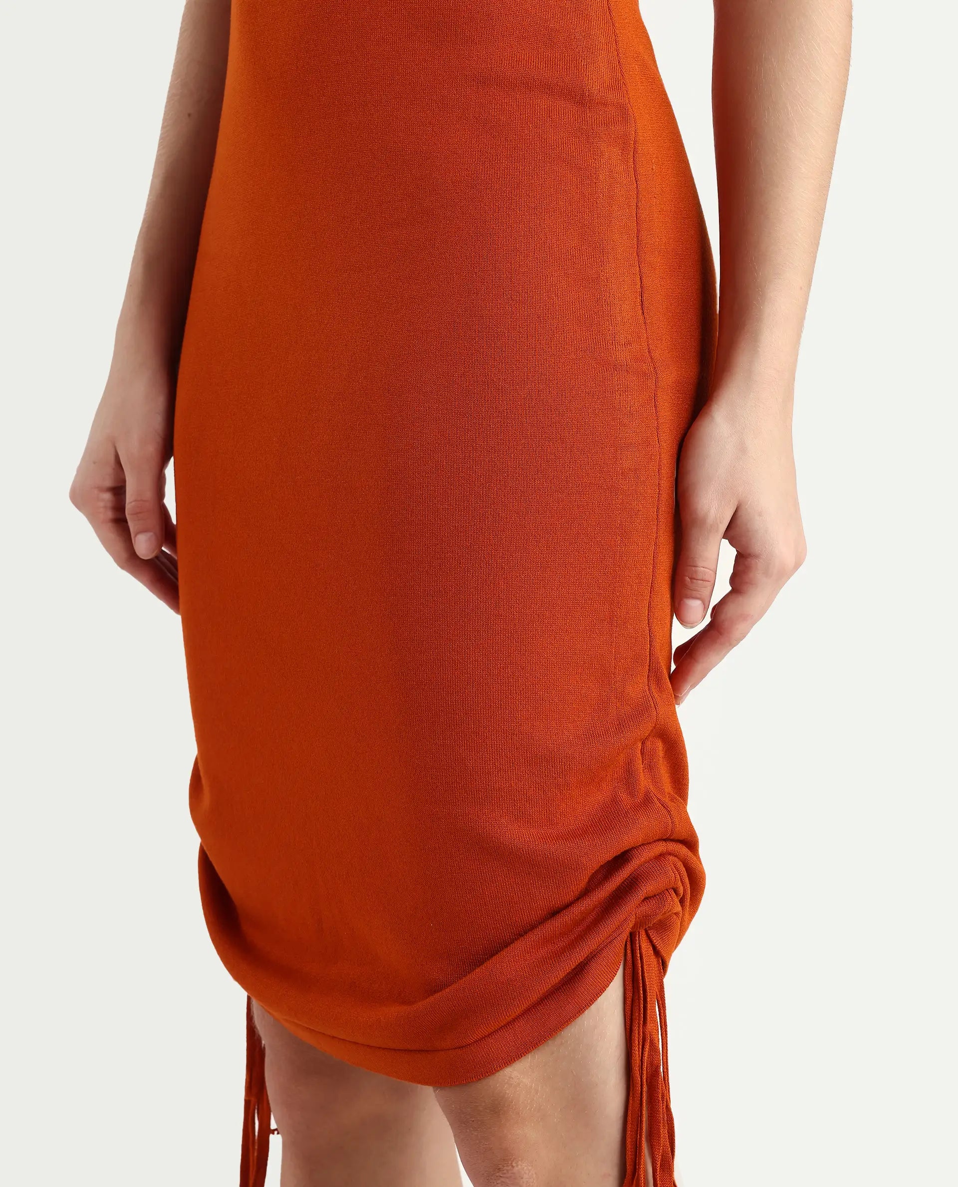 Rareism Women's Hailey Orange Viscose Square Neck Plain Sleeveless Mini Regular Fit Dress