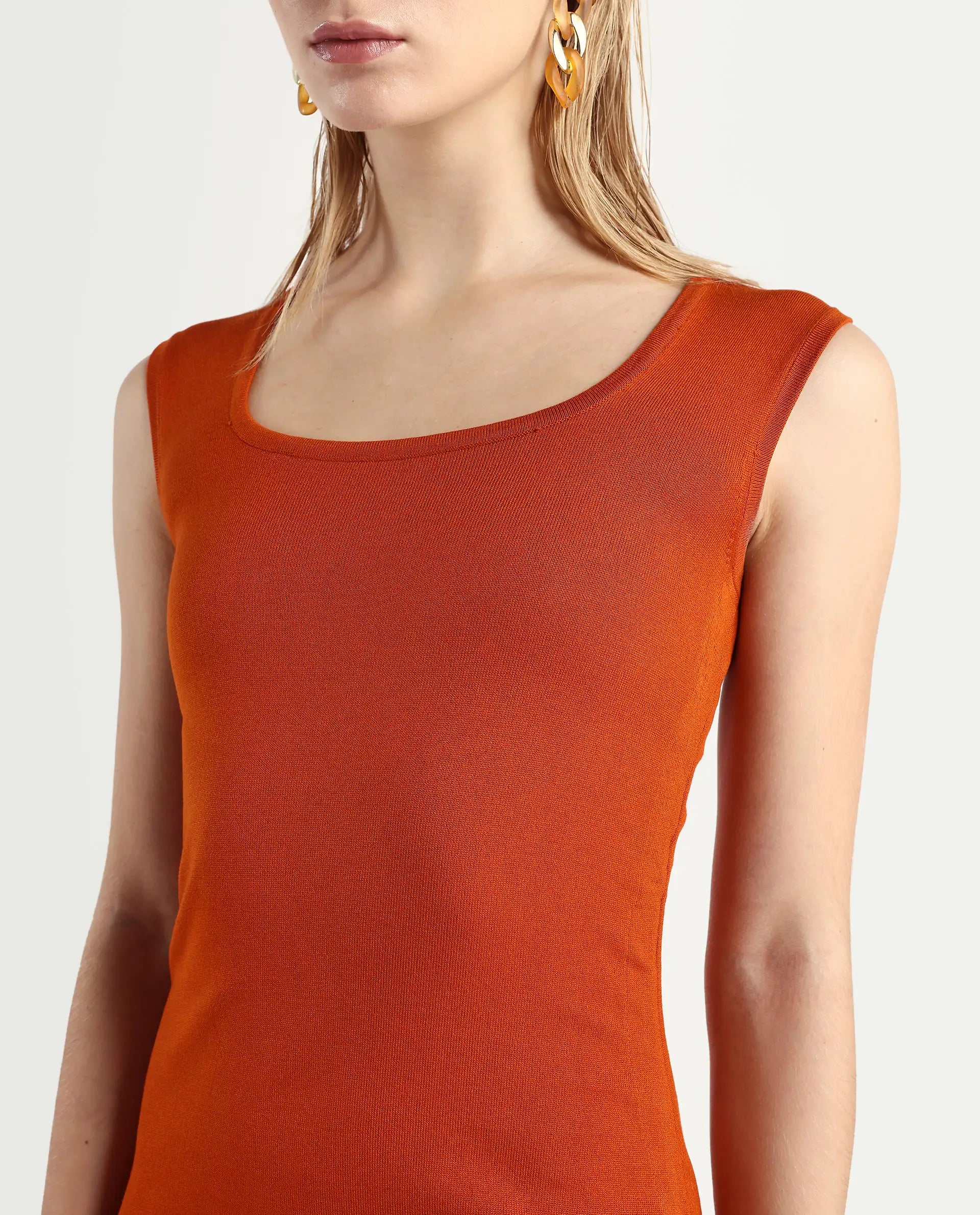 Rareism Women's Hailey Orange Viscose Square Neck Plain Sleeveless Mini Regular Fit Dress