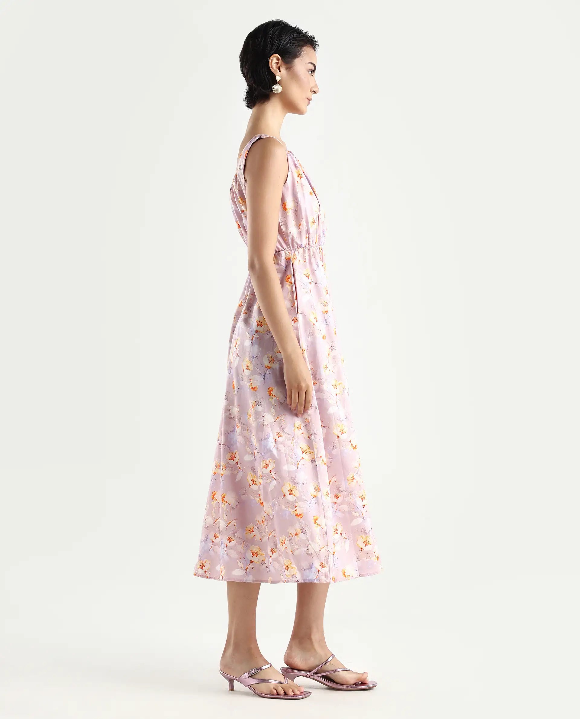 Rareism Women's Hailey Purple Cotton Crew Neck Floral Print Sleeveless Midi Regular Fit Dress