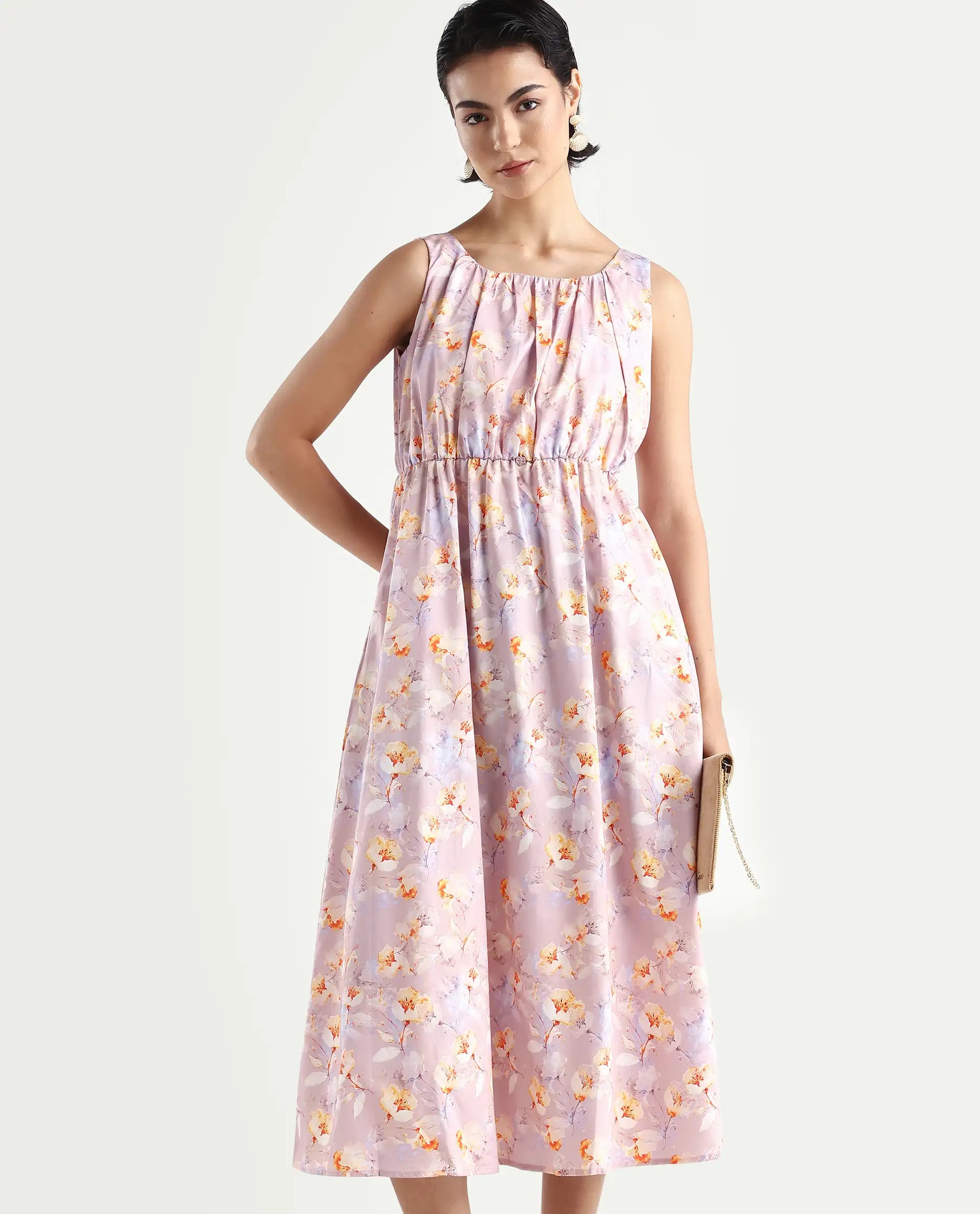 Rareism Women's Hailey Purple Cotton Crew Neck Floral Print Sleeveless Midi Regular Fit Dress