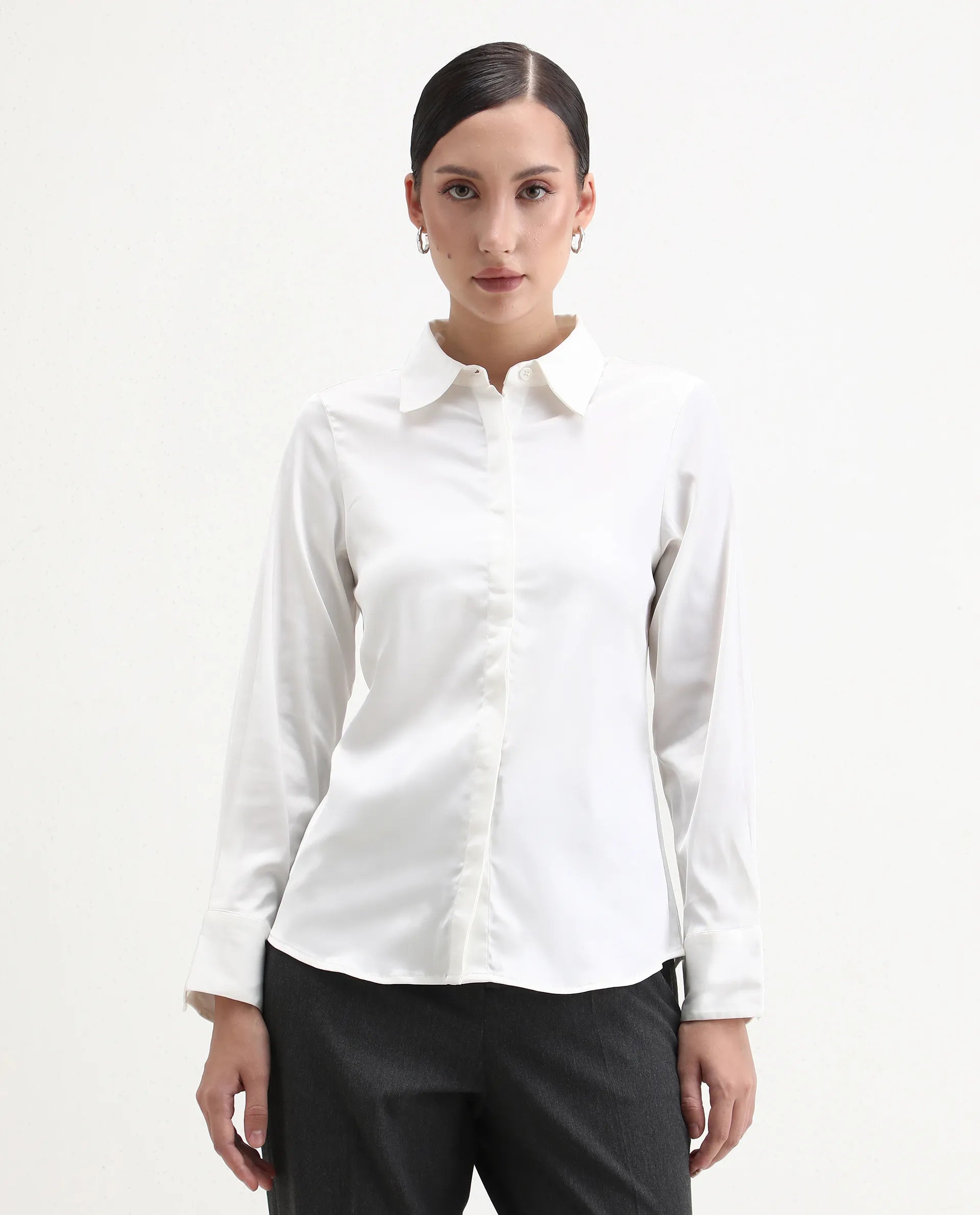 Rareism Women's Haipe White Polyester Spread Collar Plain Cuffed Sleeve Regular Fit Top