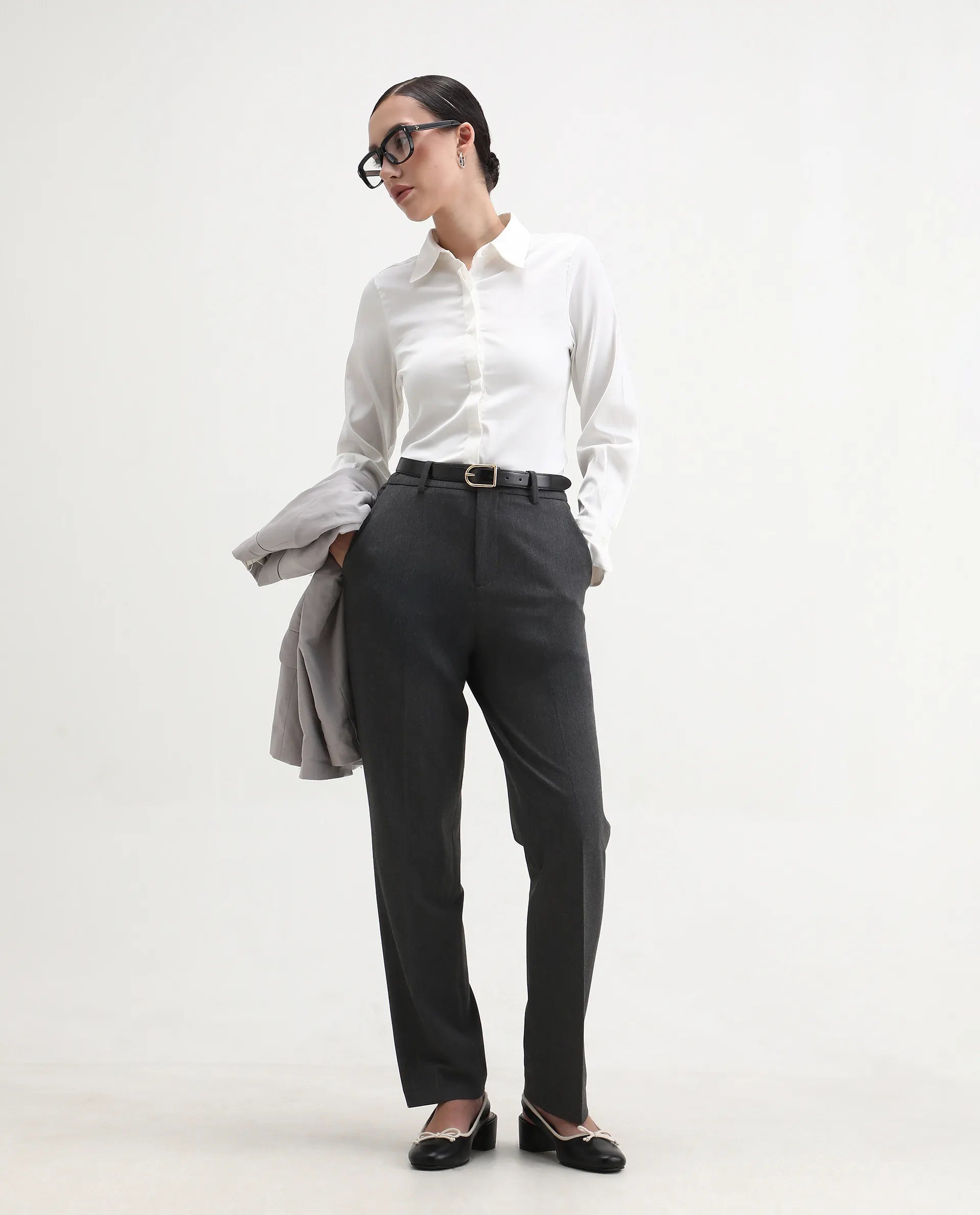 Rareism Women's Haipe White Polyester Spread Collar Plain Cuffed Sleeve Regular Fit Top