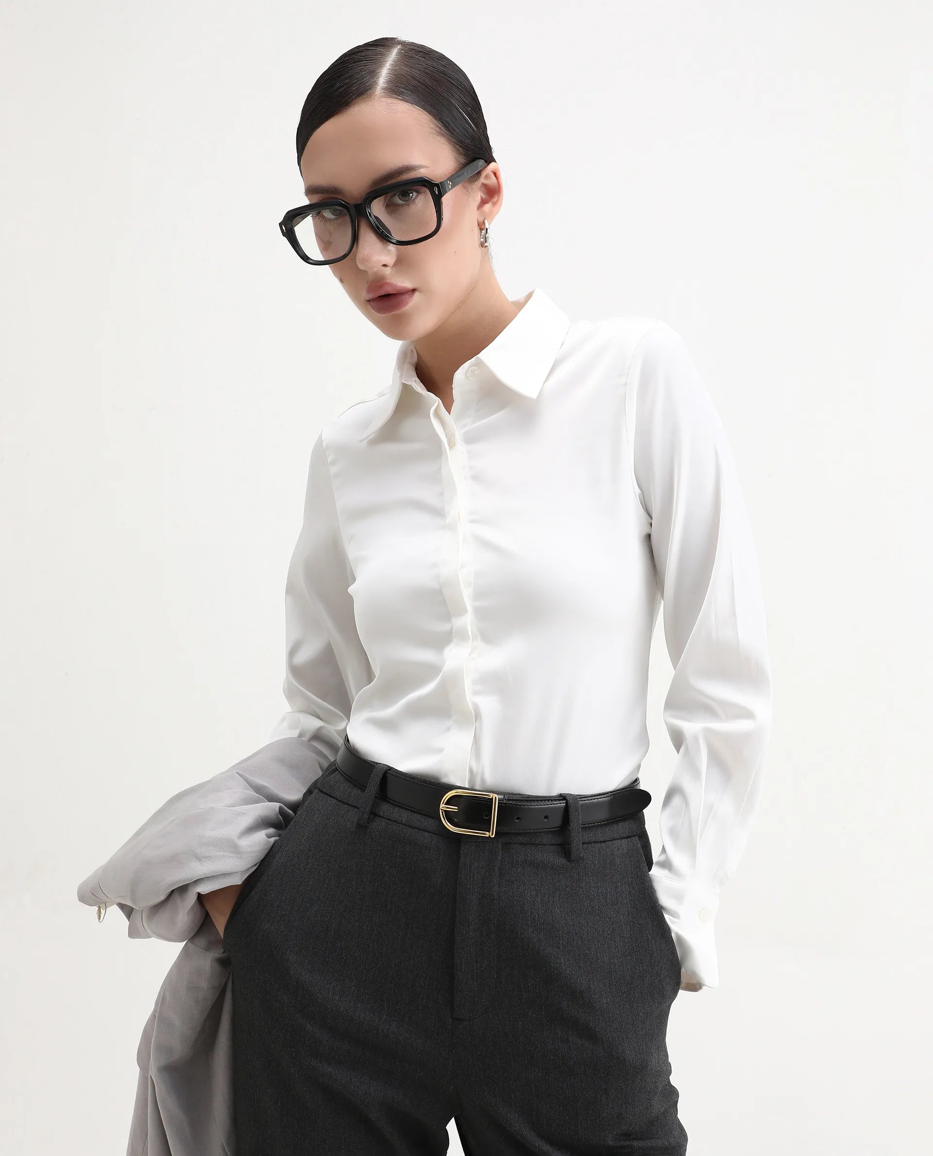 Rareism Women's Haipe White Polyester Spread Collar Plain Cuffed Sleeve Regular Fit Top