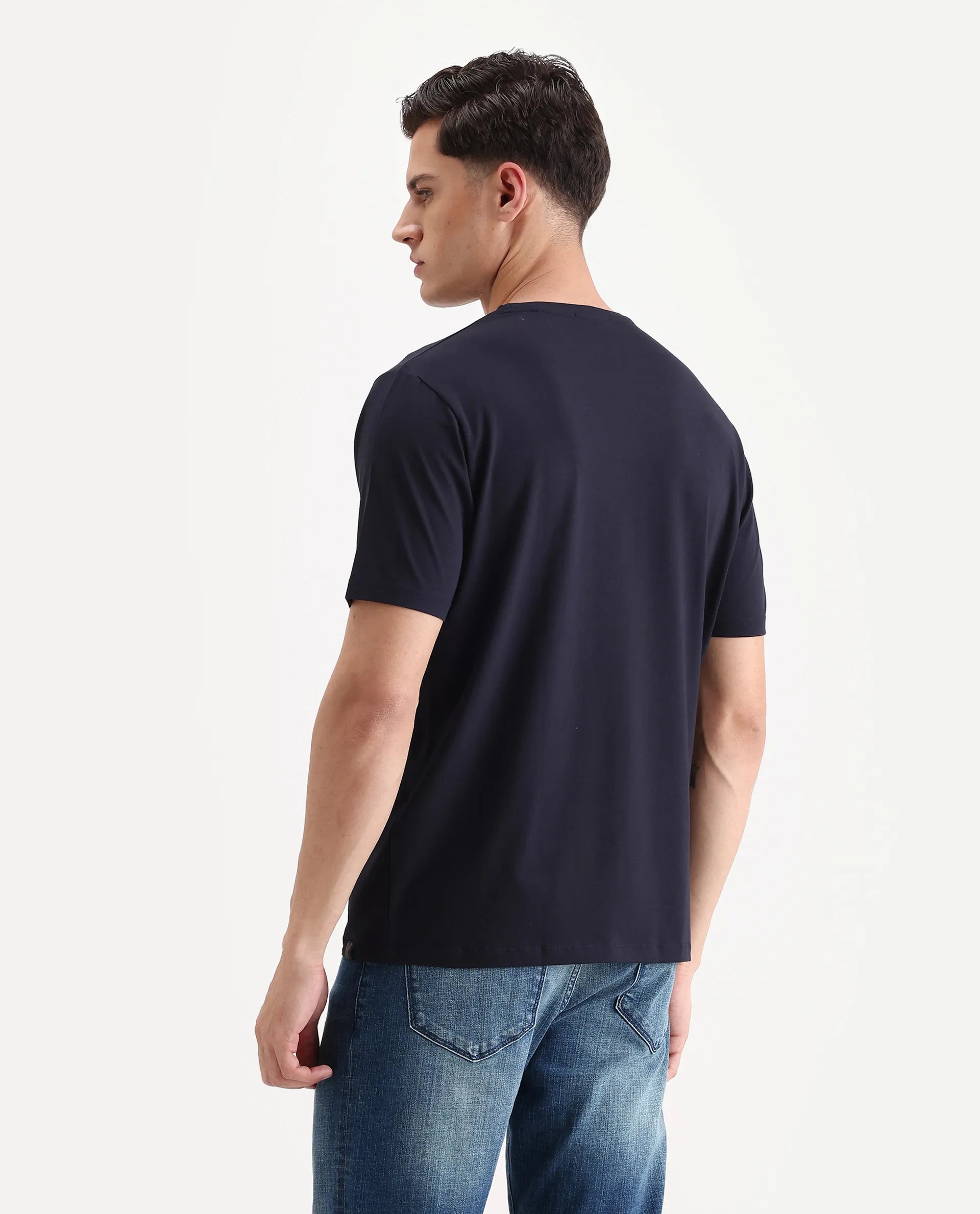 Rare Rabbit Men's Hale Navy Cotton Blend Graphic Print Regular Fit Half Sleeve Crew Neck T-Shirt