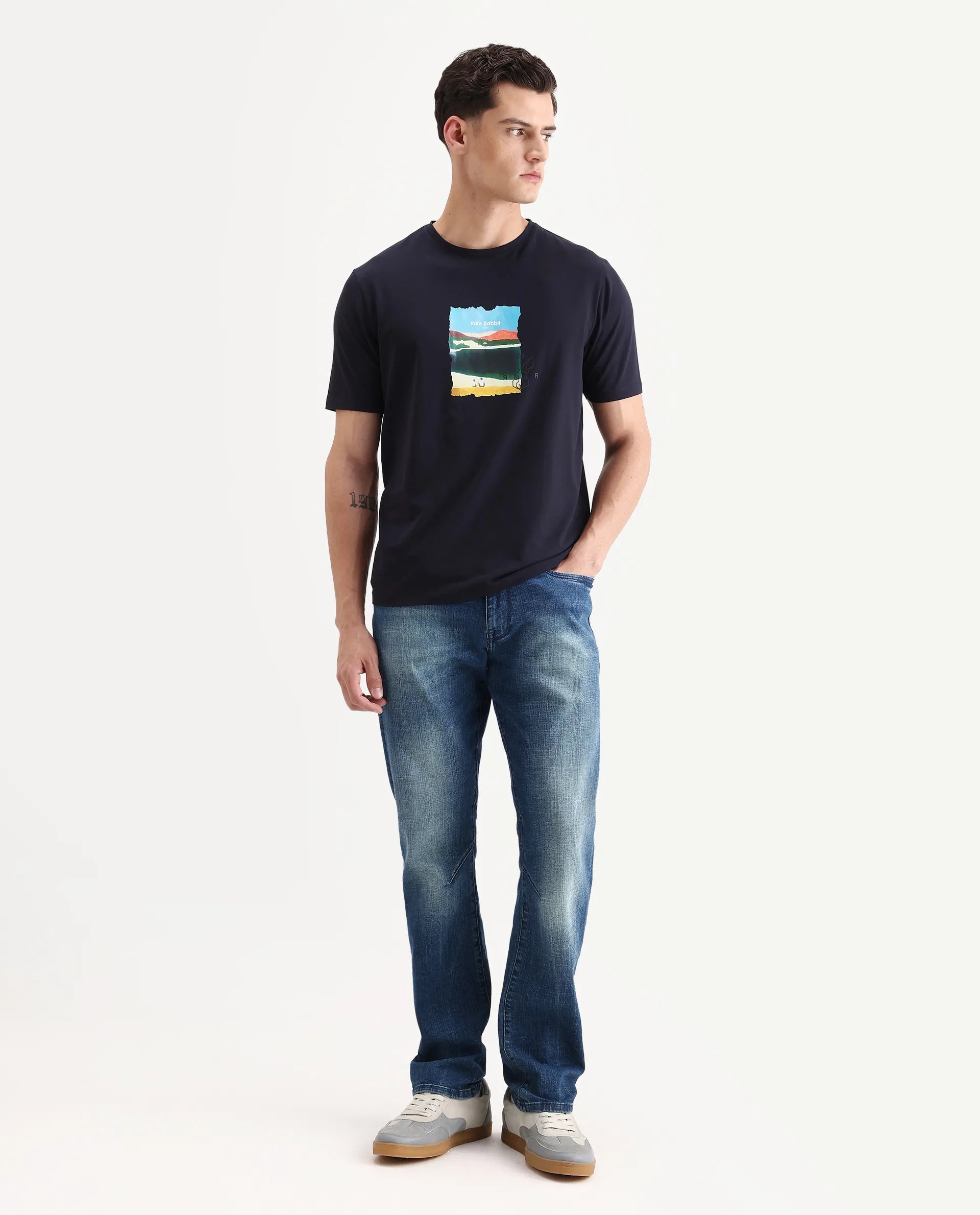 Rare Rabbit Men's Hale Navy Cotton Blend Graphic Print Regular Fit Half Sleeve Crew Neck T-Shirt