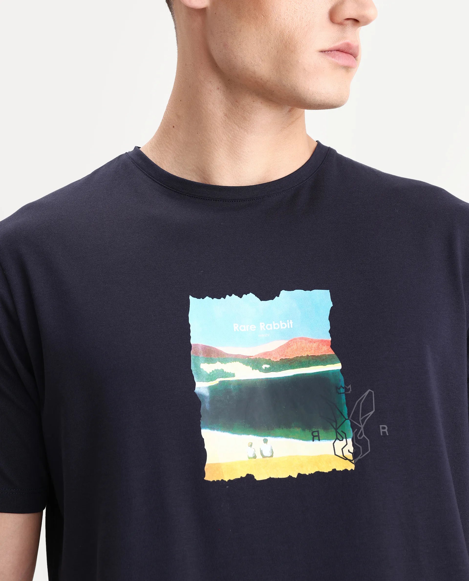 Rare Rabbit Men's Hale Navy Cotton Blend Graphic Print Regular Fit Half Sleeve Crew Neck T-Shirt