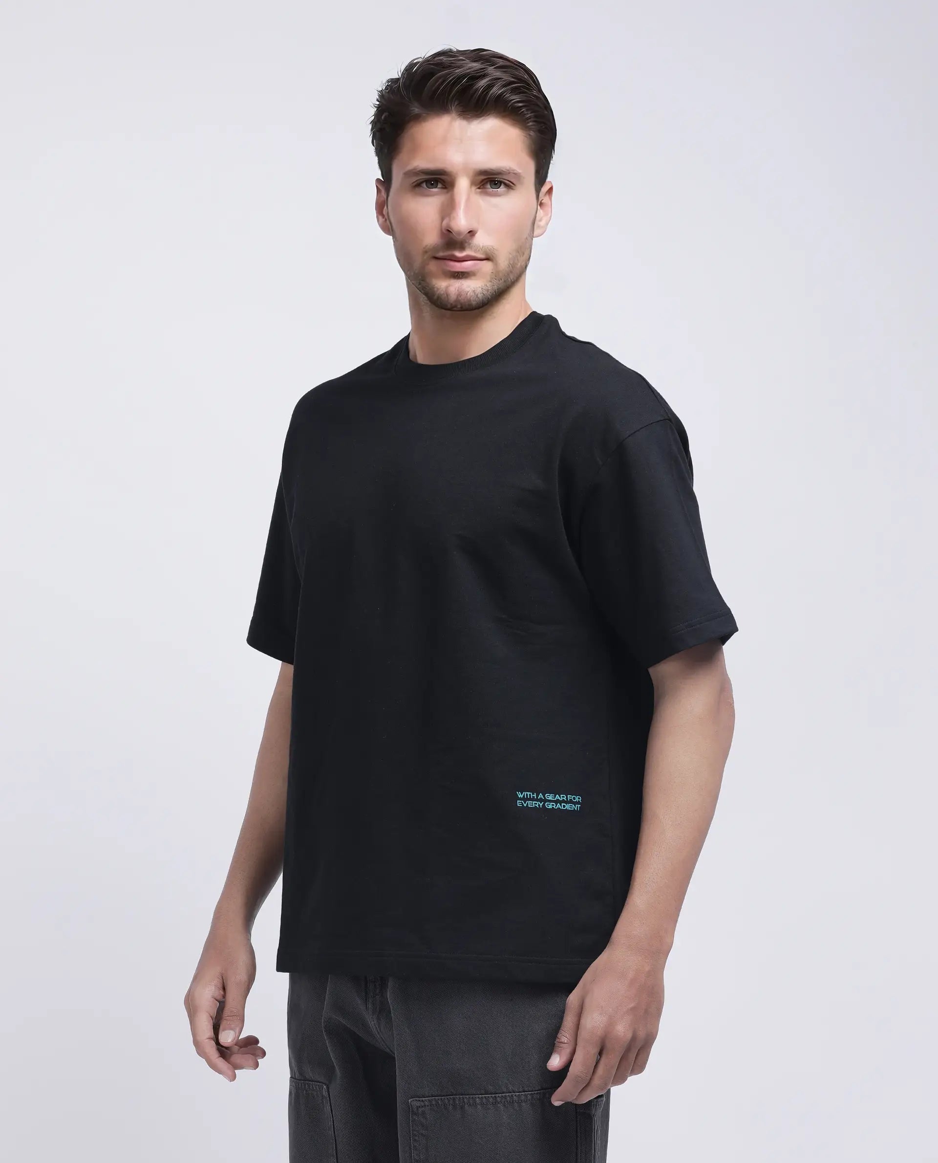 Rare Rabbit Men's Halen Black Cotton Graphic Print Oversized Fit Half Sleeve Crew Neck T-Shirt