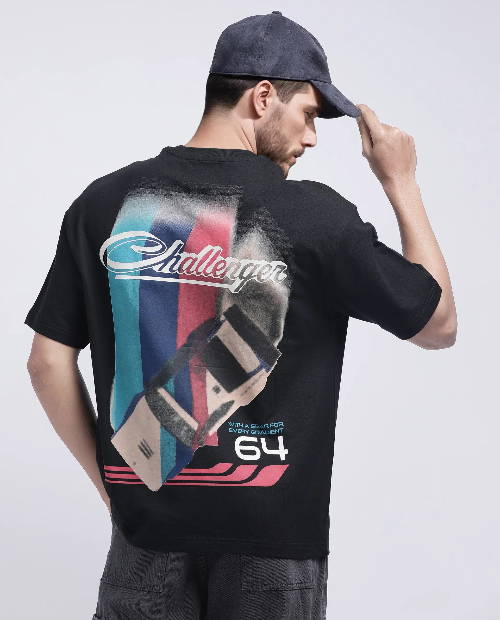 Rare Rabbit Men's Halen Black Cotton Graphic Print Oversized Fit Half Sleeve Crew Neck T-Shirt