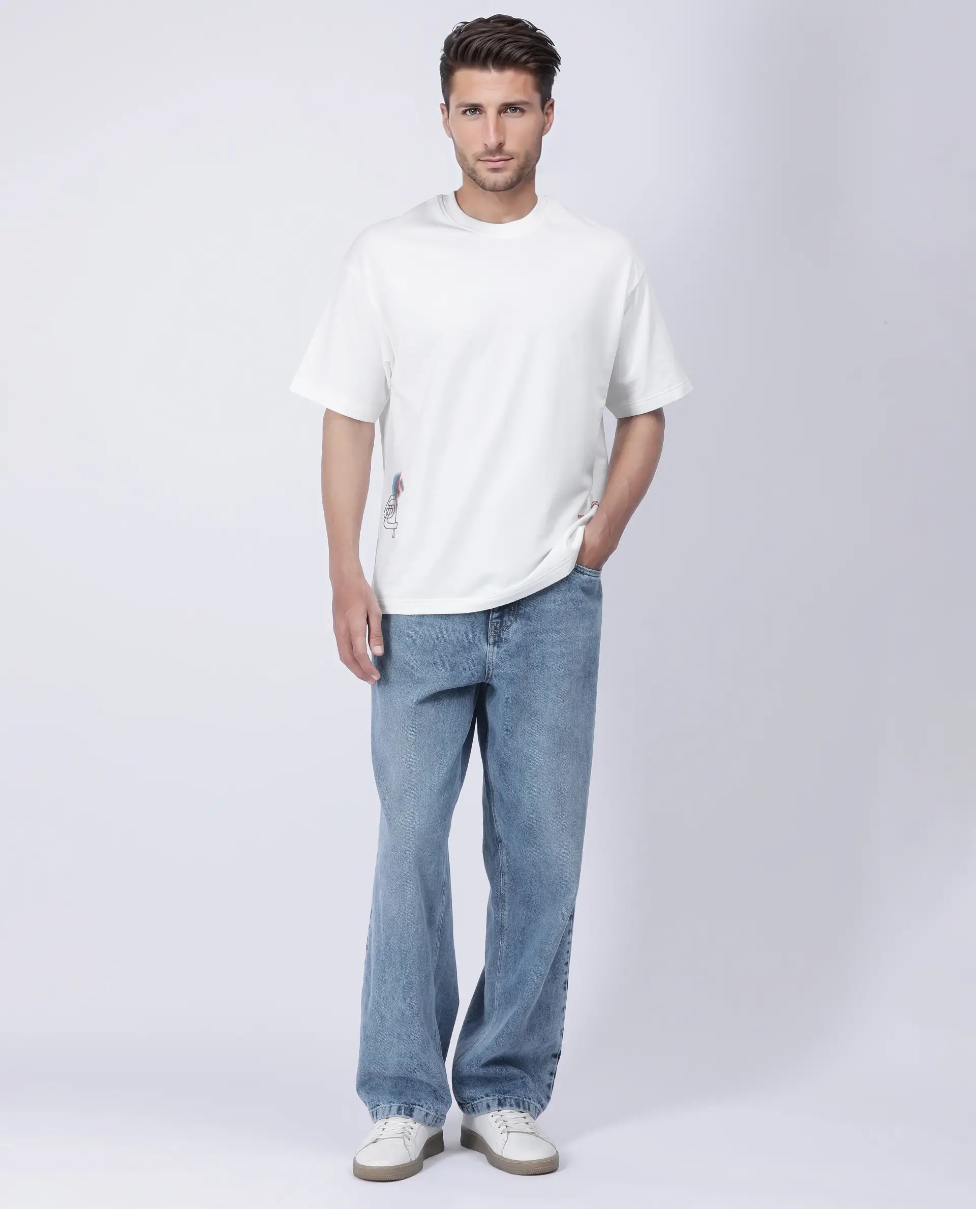 Rare Rabbit Men's Halen Off White Cotton Graphic Print Oversized Fit Half Sleeve Crew Neck T-Shirt