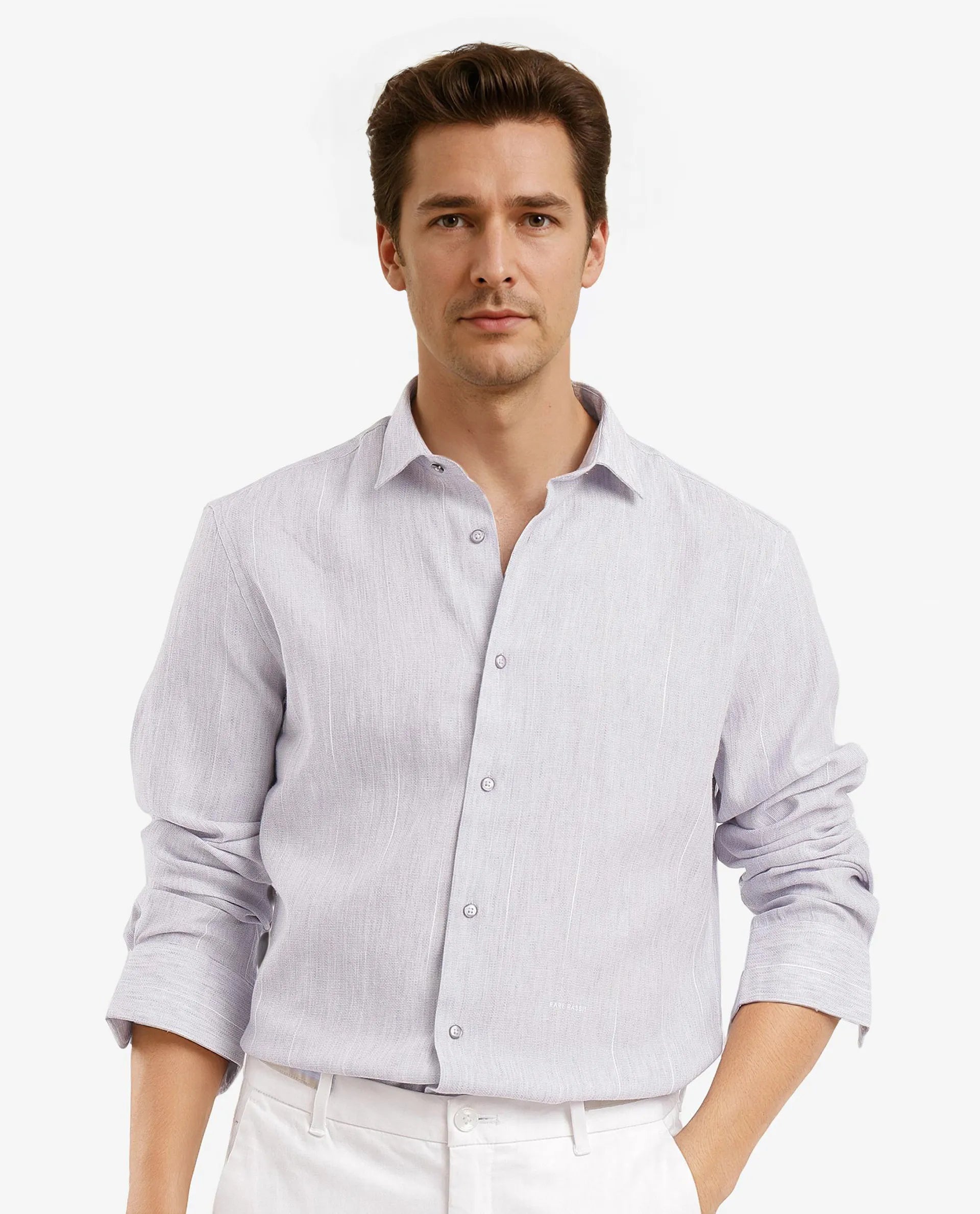 Rare Rabbit Men Halk-1 Light Purple Cotton Fabric Melange Effect Full Sleeves Regular Fit Stripe Shirt