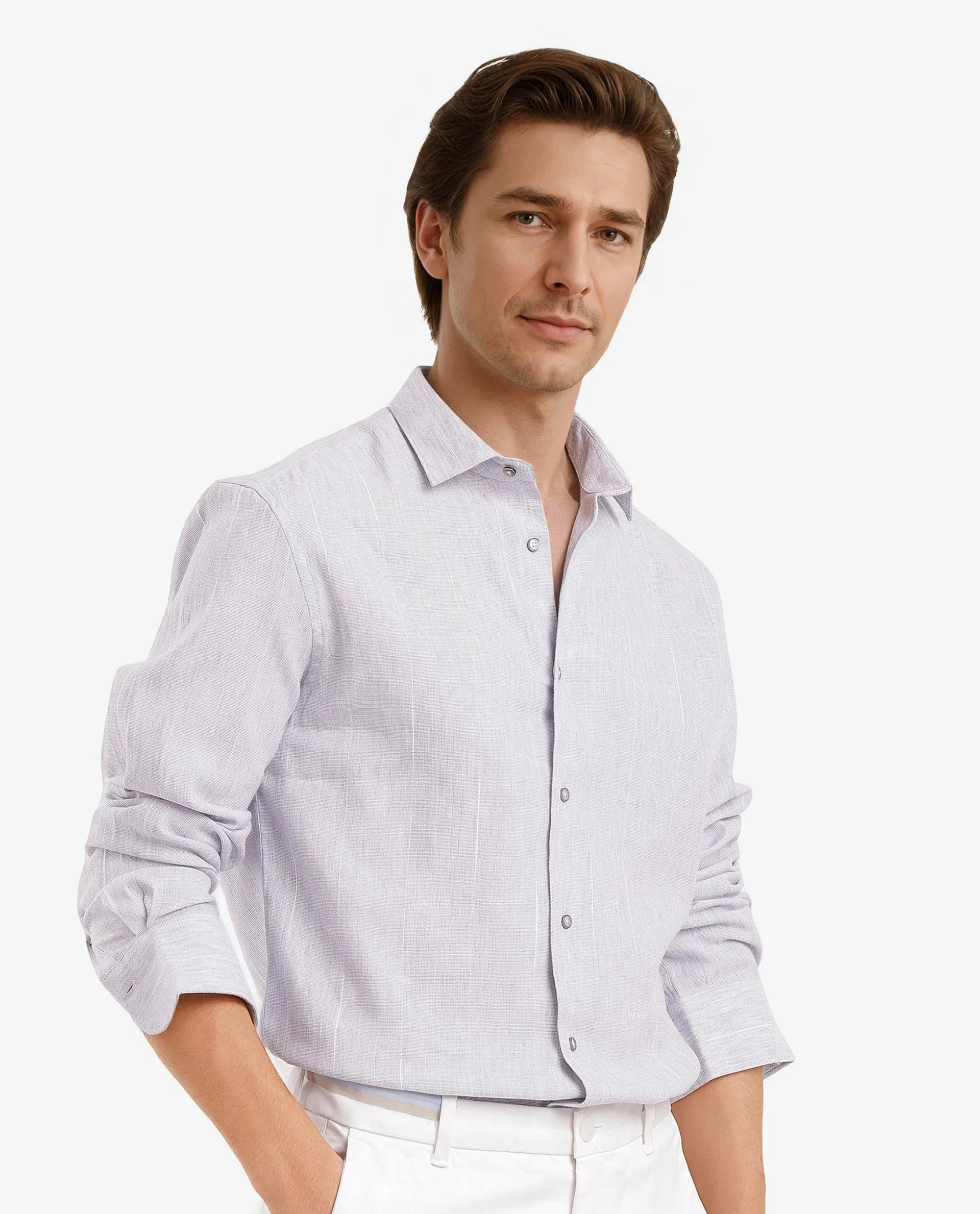 Rare Rabbit Men Halk-1 Light Purple Cotton Fabric Melange Effect Full Sleeves Regular Fit Stripe Shirt