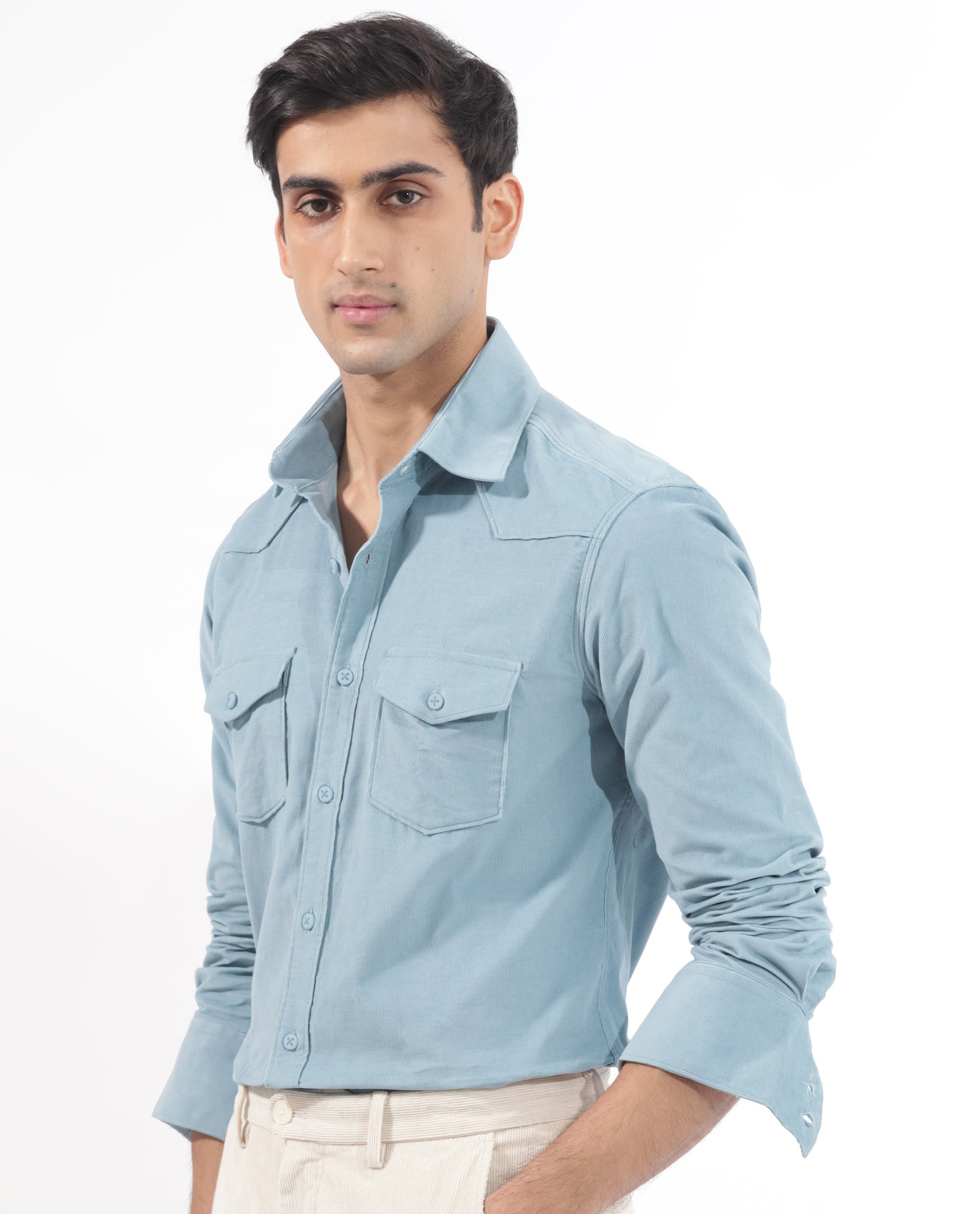 Rare Rabbit Men's Halle Dusky Blue Cotton Fabric Full Sleeves Corduroy Shirt