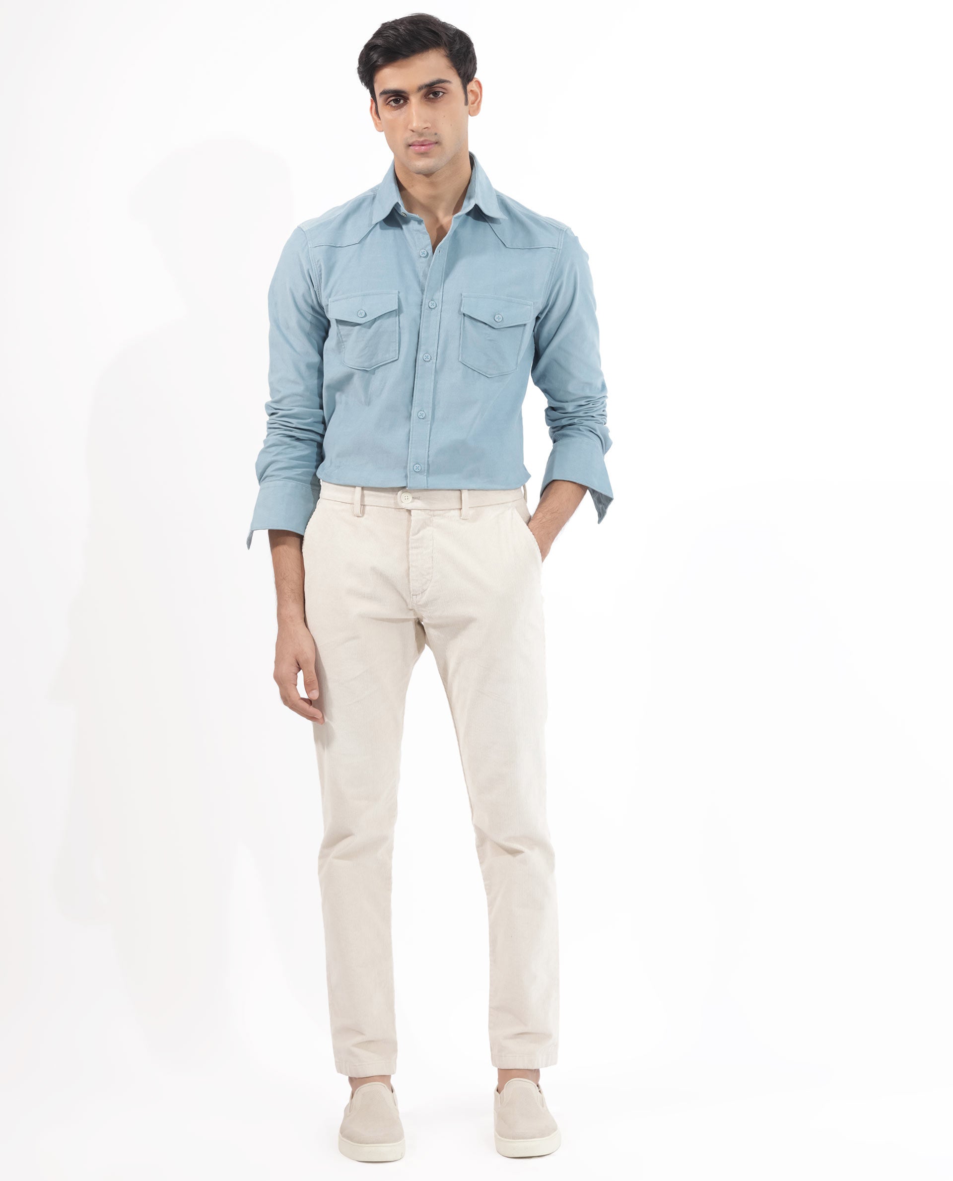 Rare Rabbit Men's Halle Dusky Blue Cotton Fabric Full Sleeves Corduroy Shirt