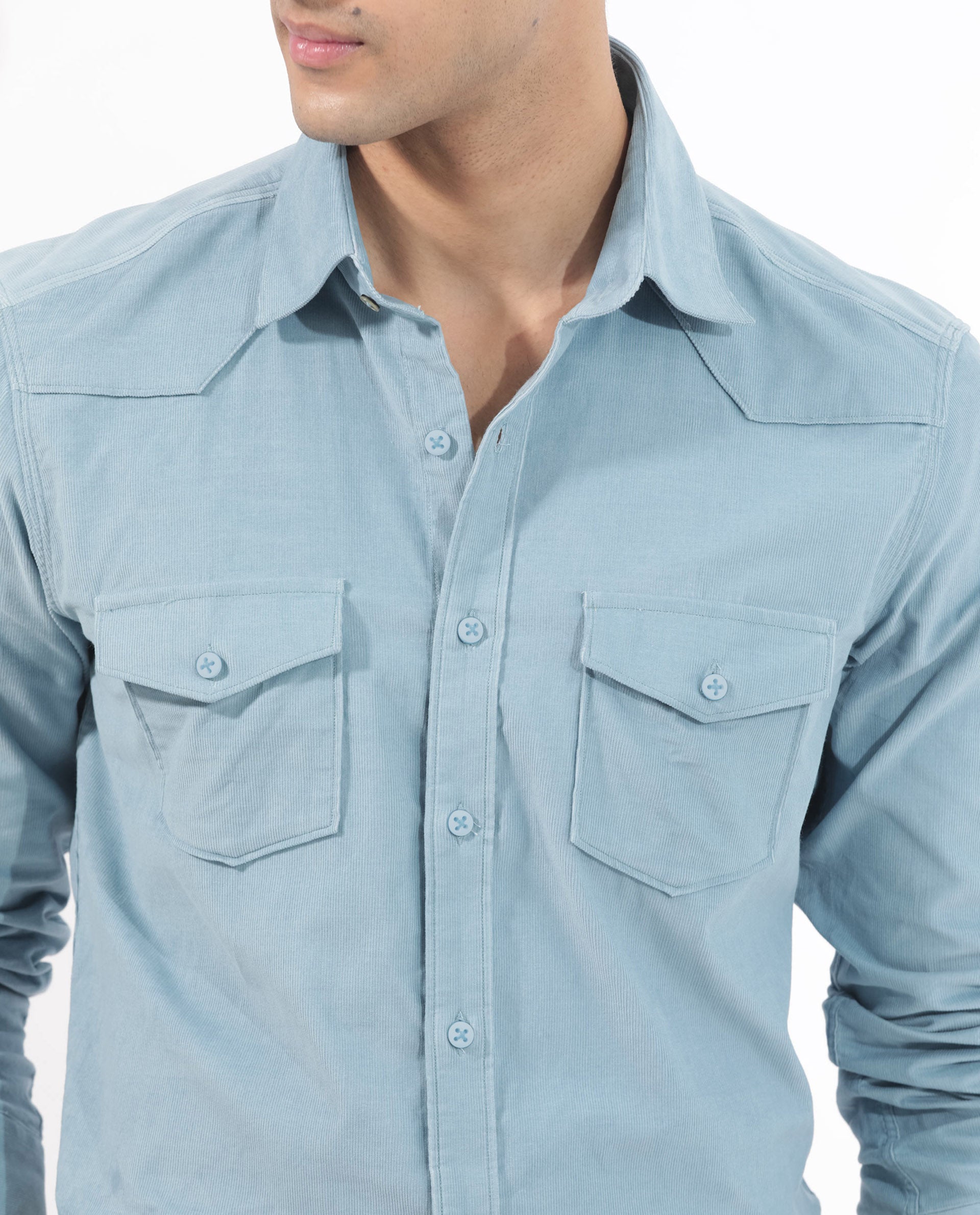 Rare Rabbit Men's Halle Dusky Blue Cotton Fabric Full Sleeves Corduroy Shirt