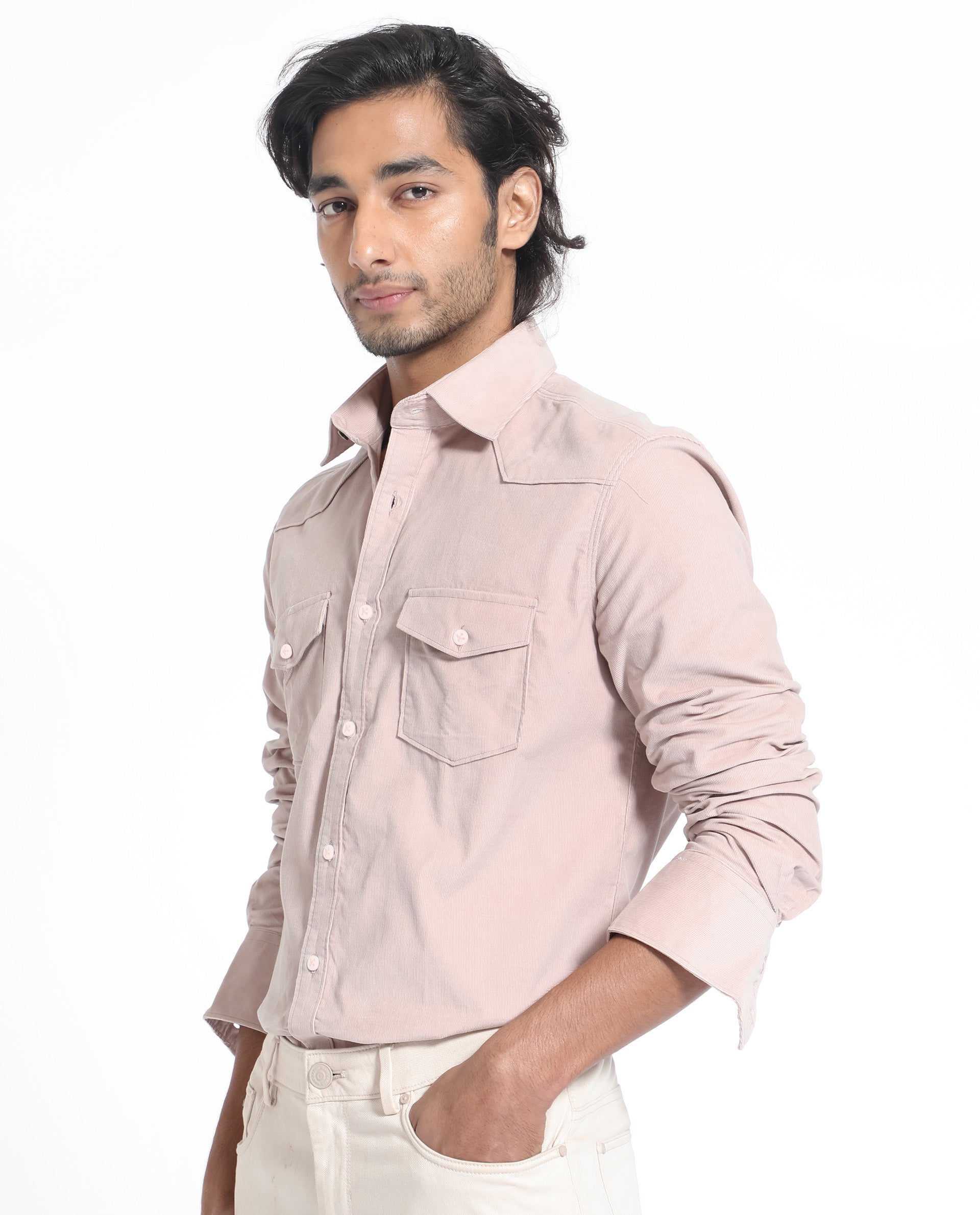 Rare Rabbit Men's Halle Dusky Peach Cotton Fabric Full Sleeves Corduroy Shirt