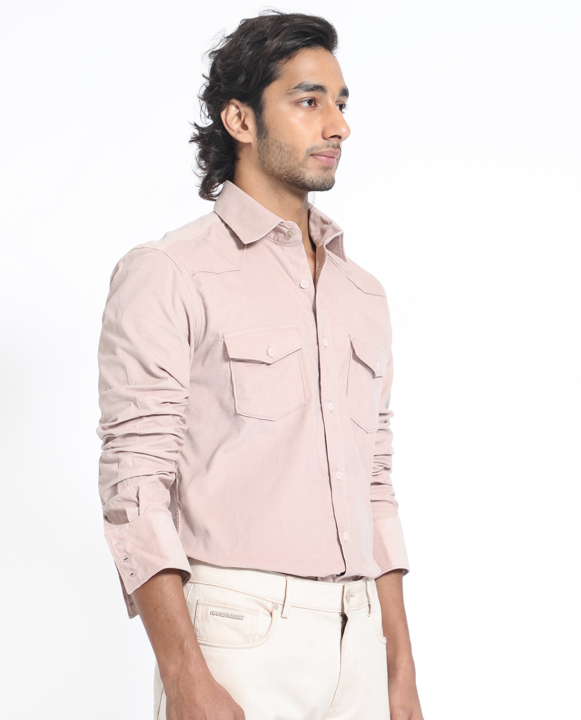 Rare Rabbit Men's Halle Dusky Peach Cotton Fabric Full Sleeves Corduroy Shirt
