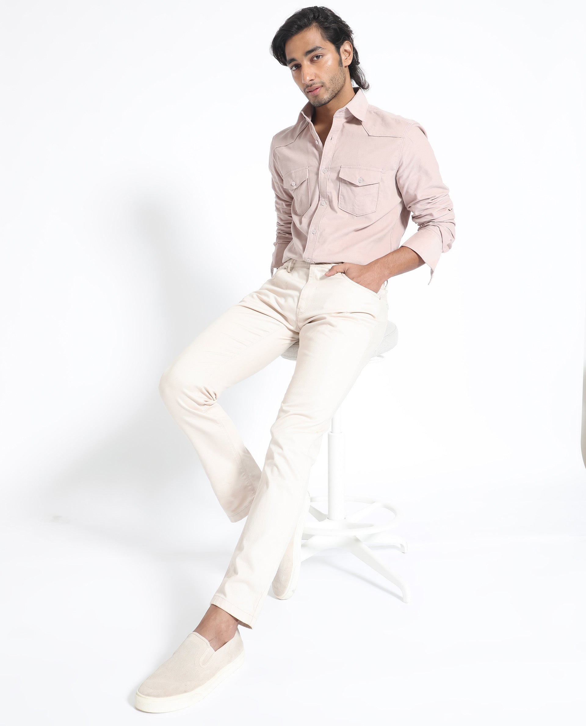 Rare Rabbit Men's Halle Dusky Peach Cotton Fabric Full Sleeves Corduroy Shirt