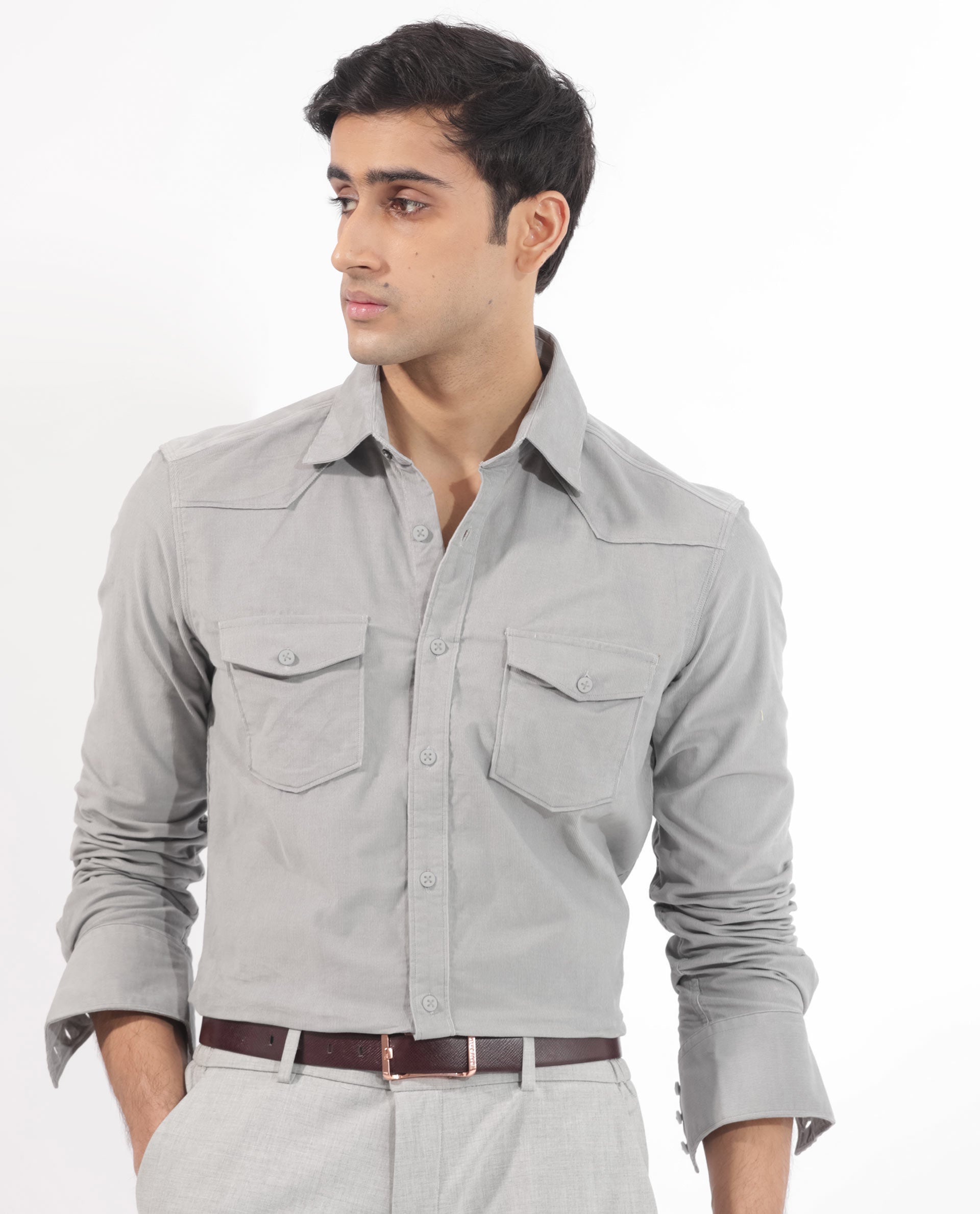 Rare Rabbit Men's Halle Grey Cotton Fabric Full Sleeves Corduroy Shirt