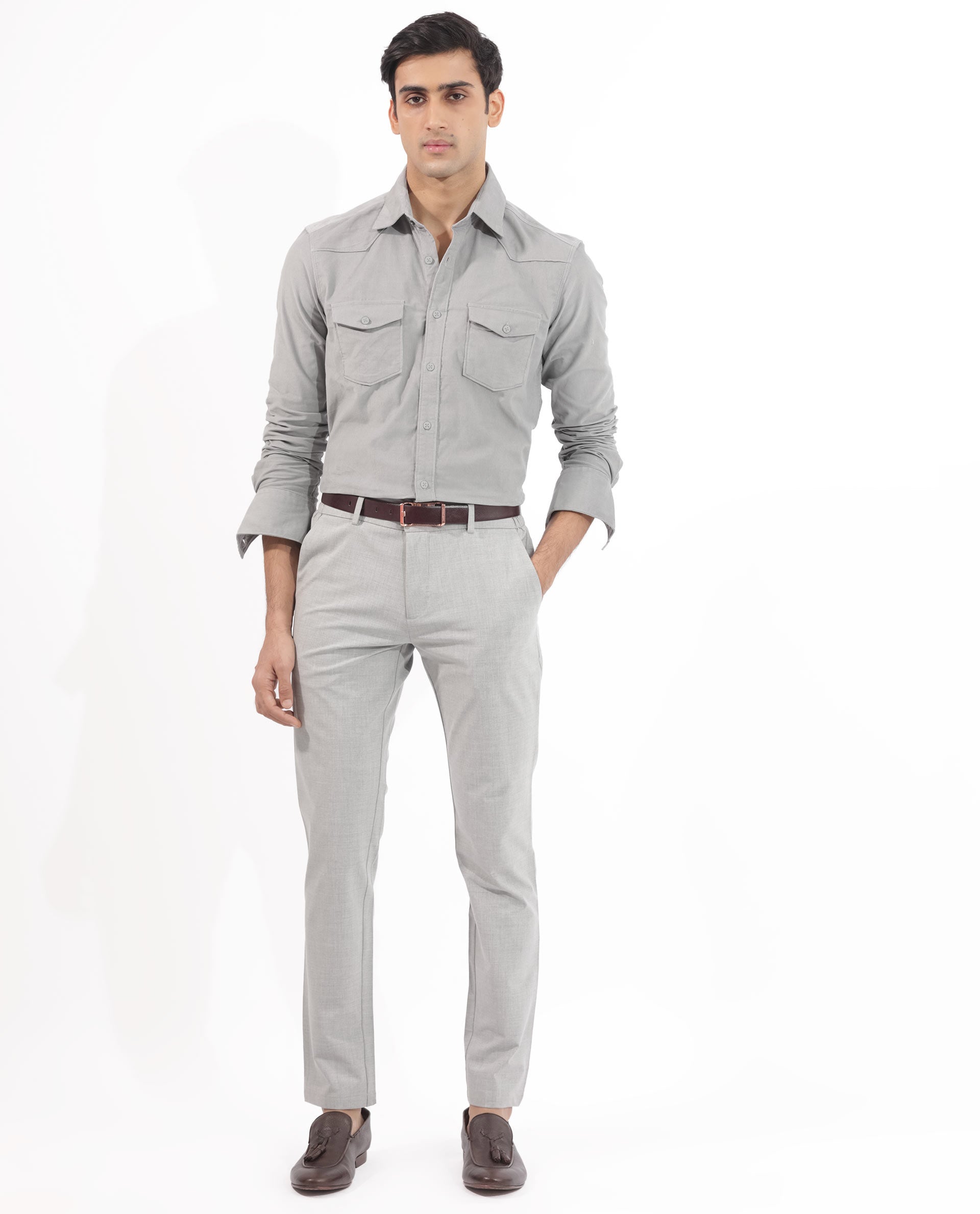 Rare Rabbit Men's Halle Grey Cotton Fabric Full Sleeves Corduroy Shirt