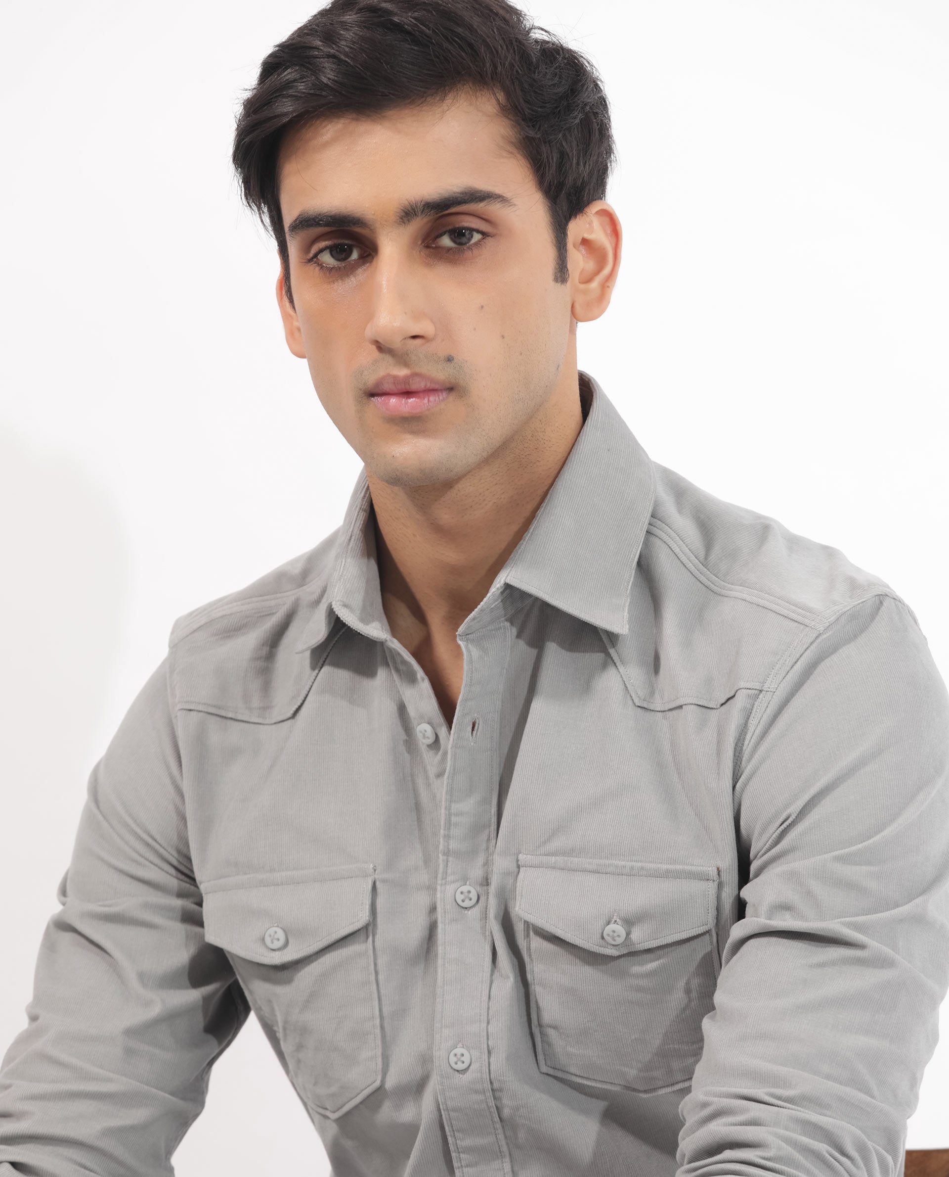 Rare Rabbit Men's Halle Grey Cotton Fabric Full Sleeves Corduroy Shirt