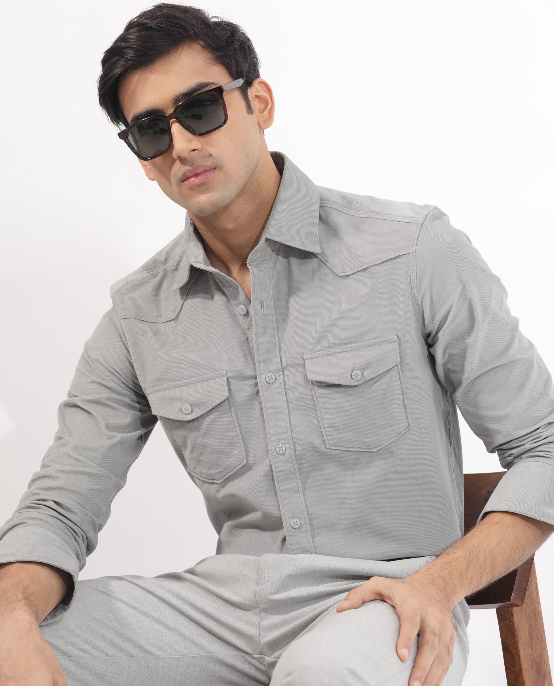 Rare Rabbit Men's Halle Grey Cotton Fabric Full Sleeves Corduroy Shirt