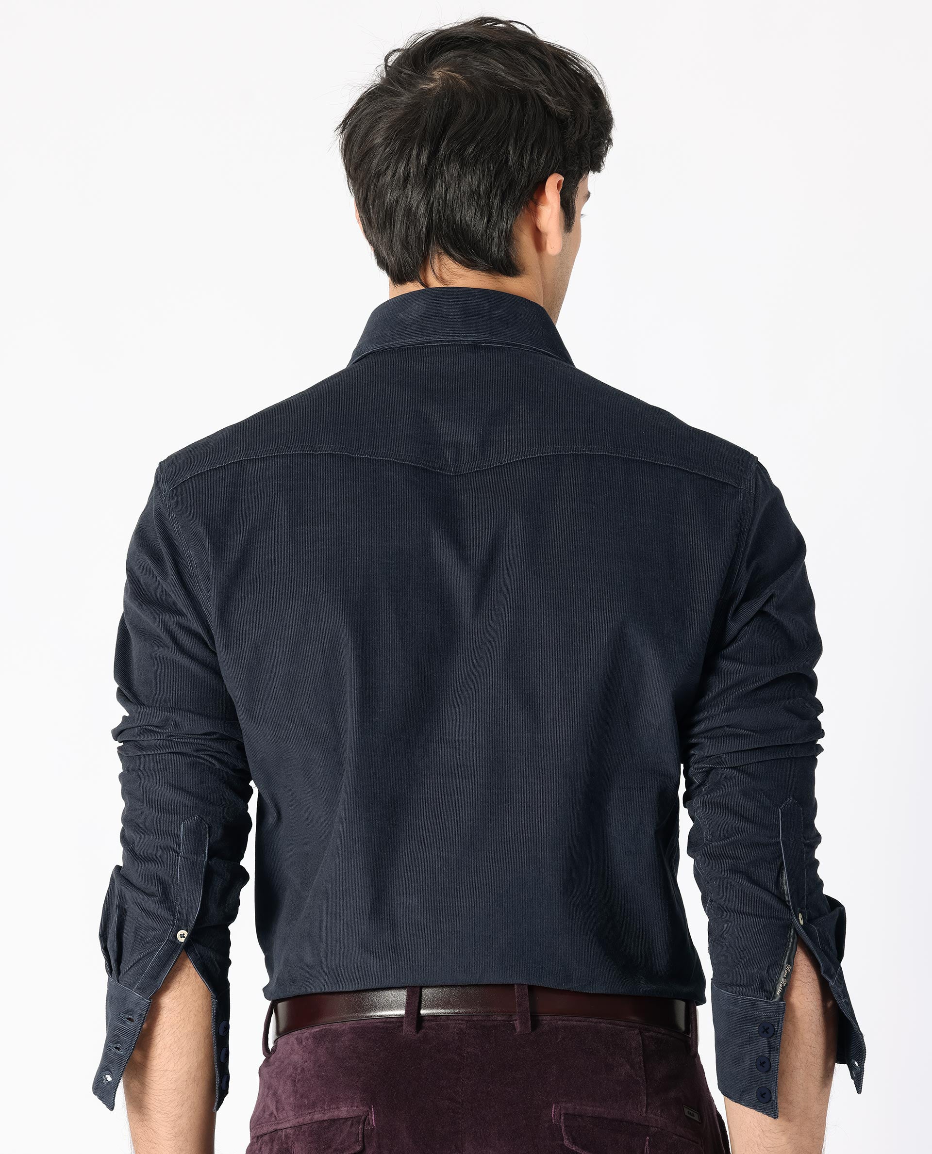 Rare Rabbit Men's Halle Navy Cotton Fabric Full Sleeves Corduroy Shirt