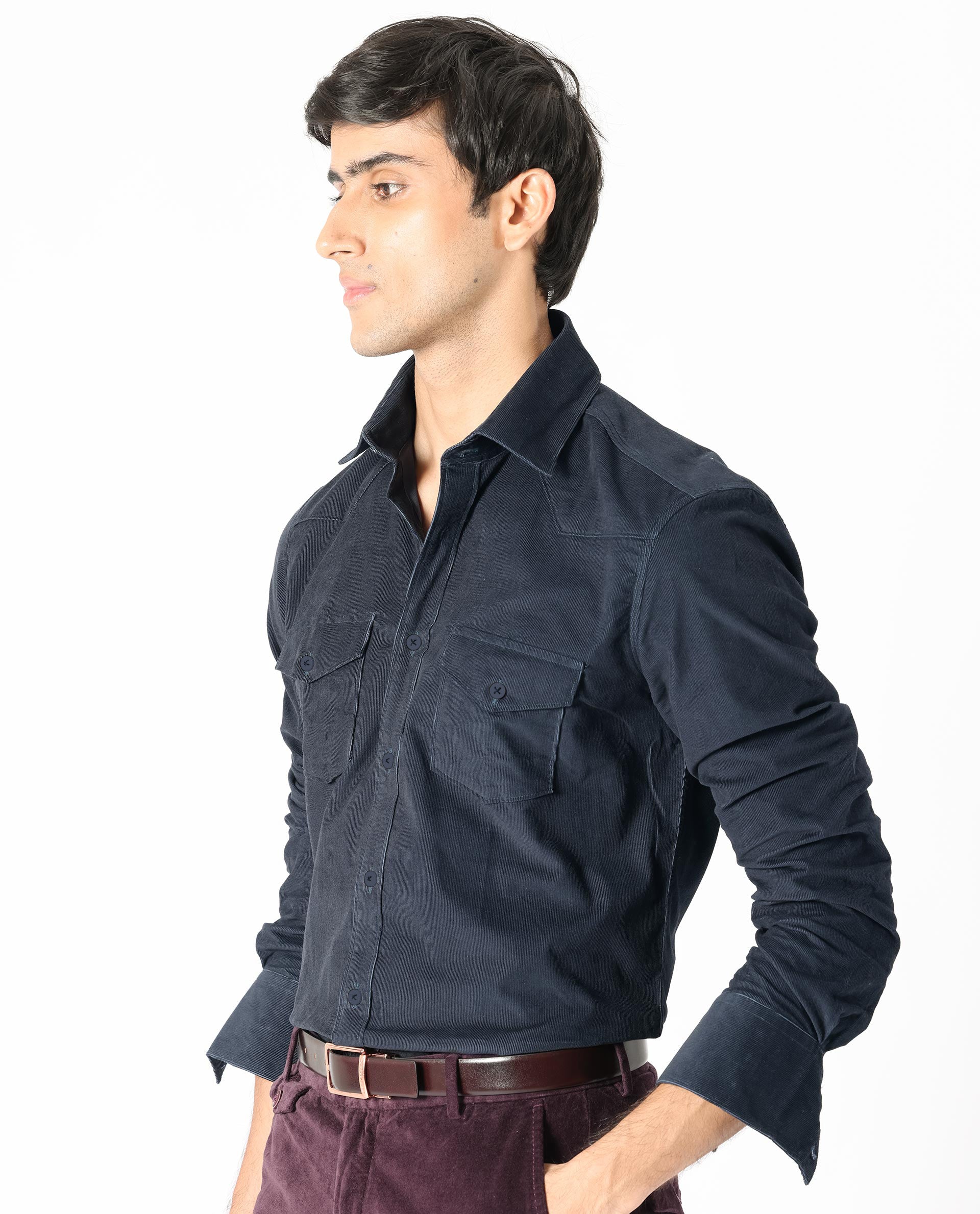 Rare Rabbit Men's Halle Navy Cotton Fabric Full Sleeves Corduroy Shirt