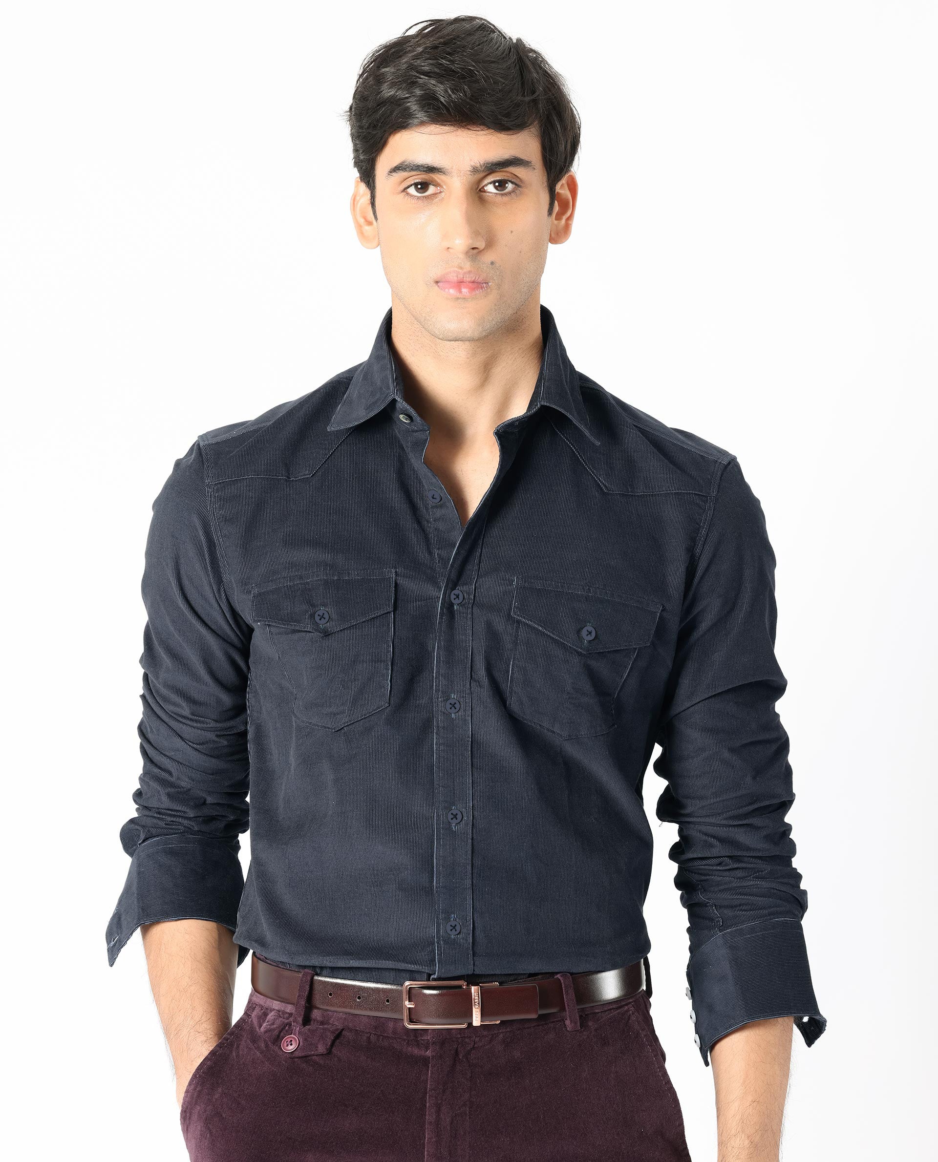 Rare Rabbit Men's Halle Navy Cotton Fabric Full Sleeves Corduroy Shirt