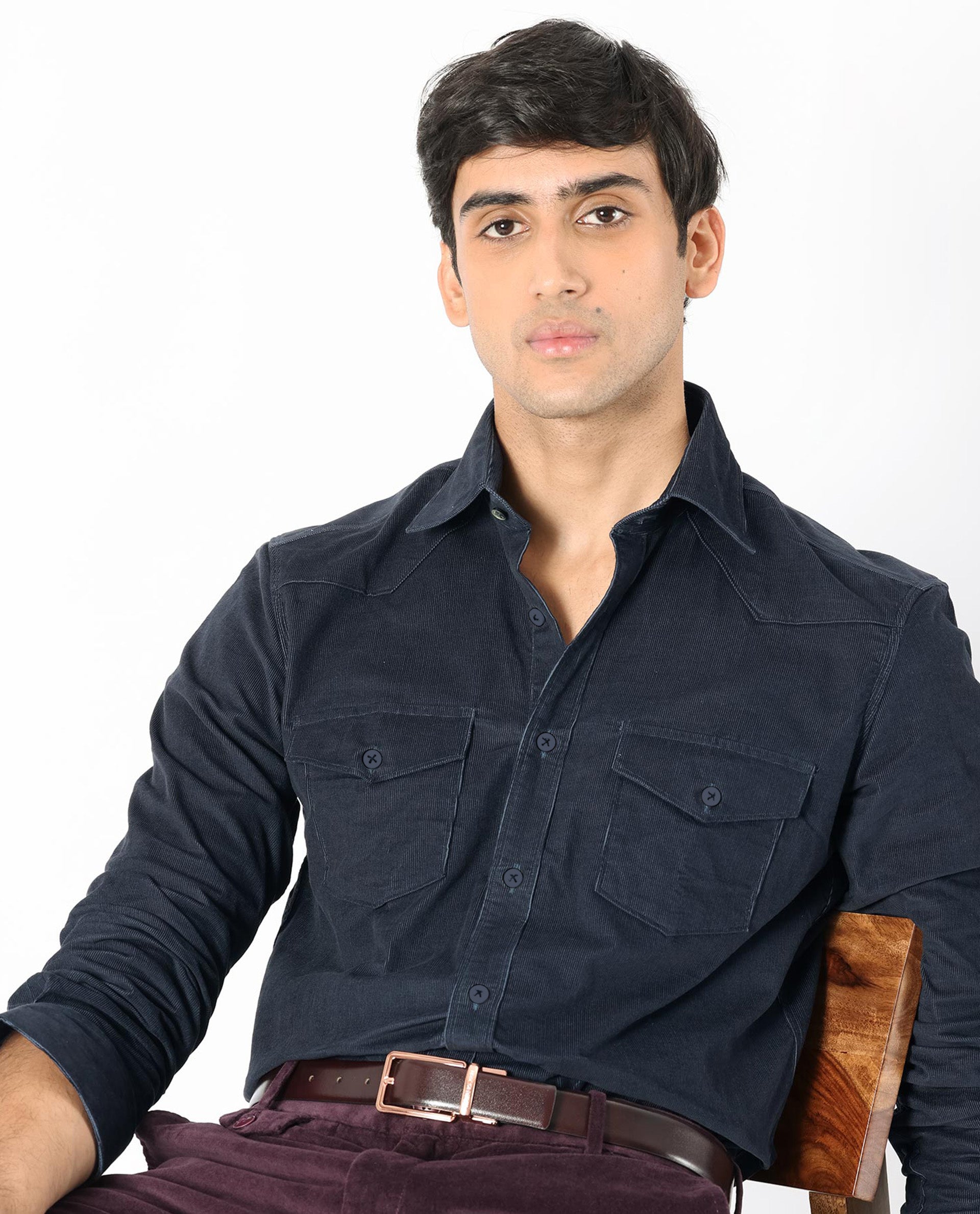 Rare Rabbit Men's Halle Navy Cotton Fabric Full Sleeves Corduroy Shirt