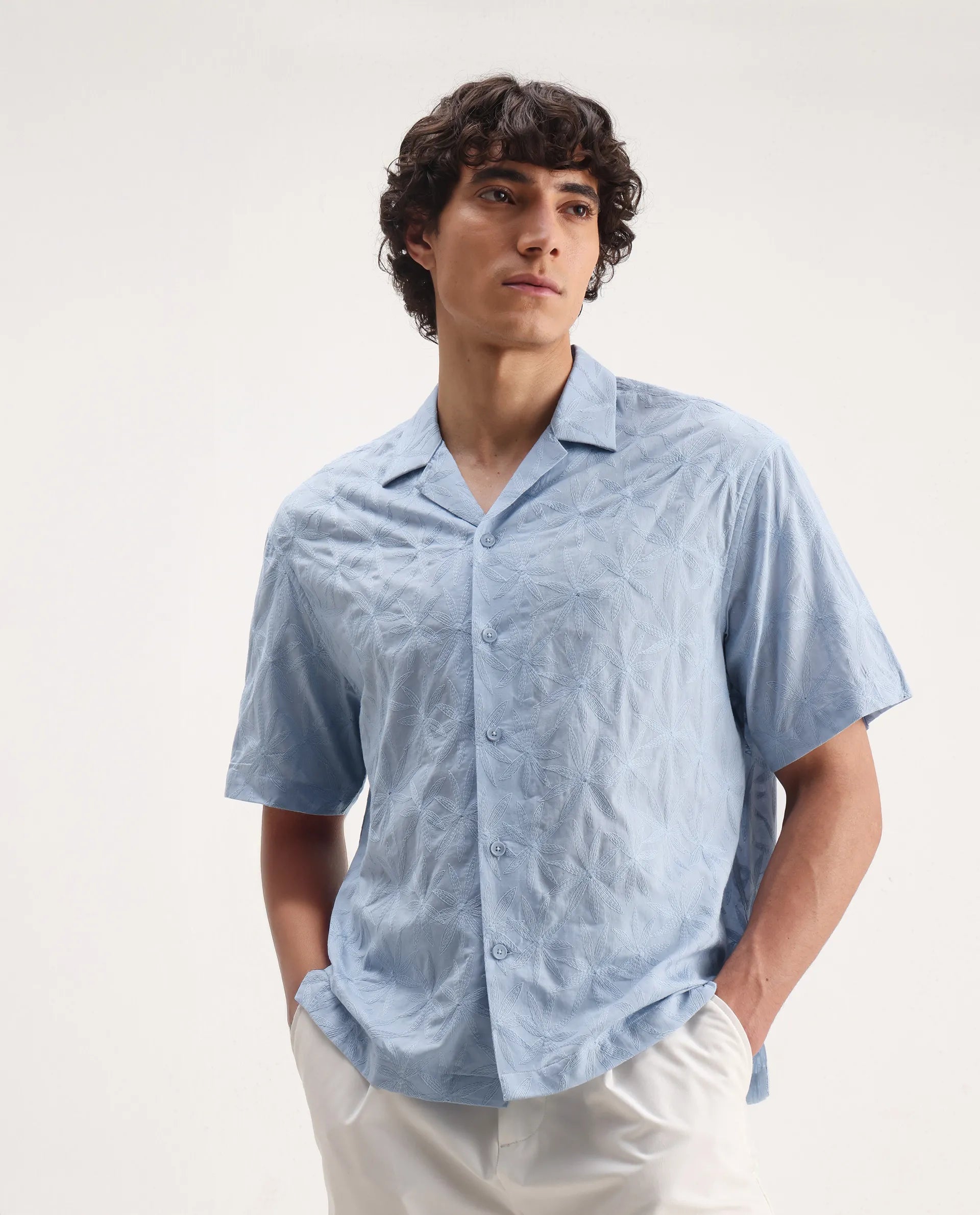 Rare Rabbit Men's Halo Light Blue Cotton Embroidered Boxy Fit Half Sleeve Cuban Collar Shirt