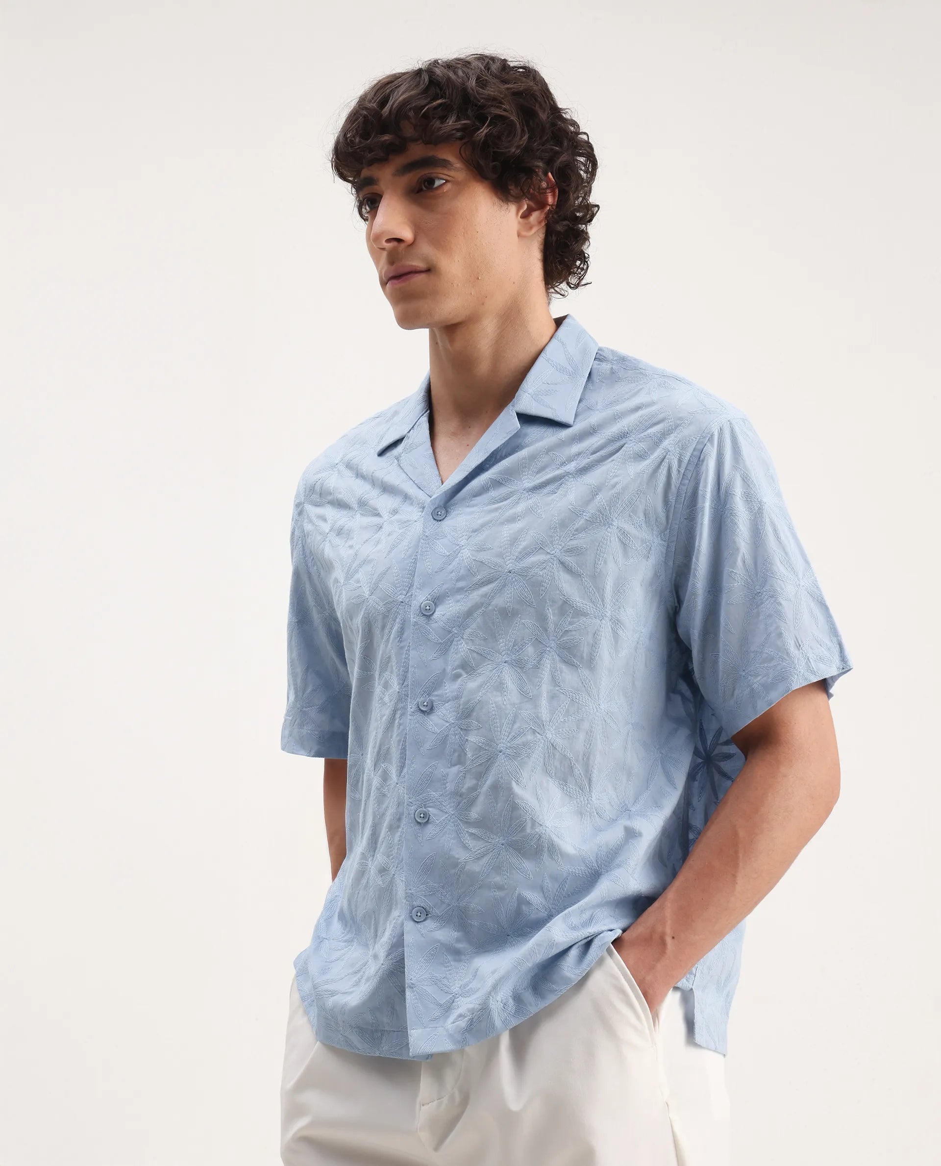 Rare Rabbit Men's Halo Light Blue Cotton Embroidered Boxy Fit Half Sleeve Cuban Collar Shirt