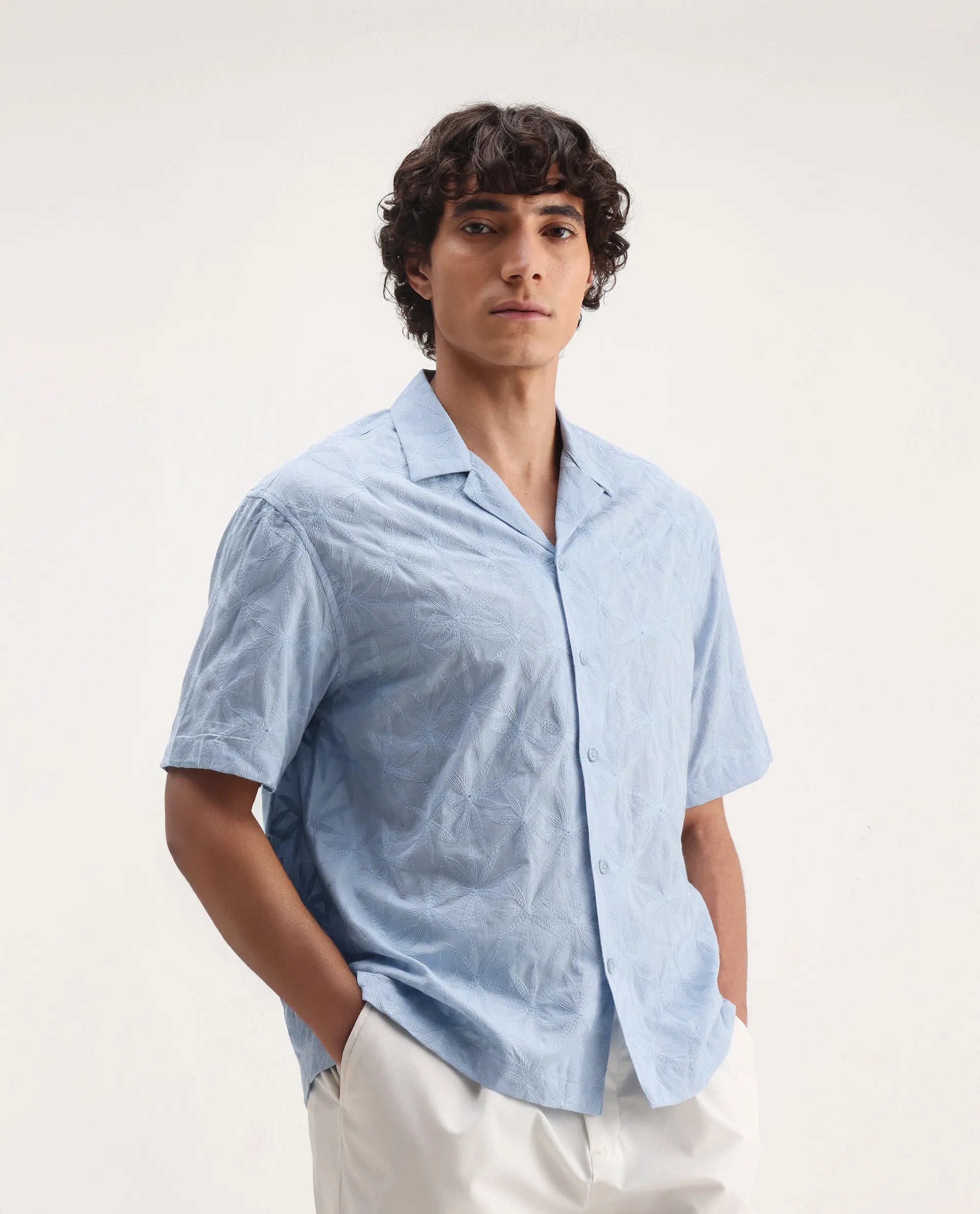 Rare Rabbit Men's Halo Light Blue Cotton Embroidered Boxy Fit Half Sleeve Cuban Collar Shirt