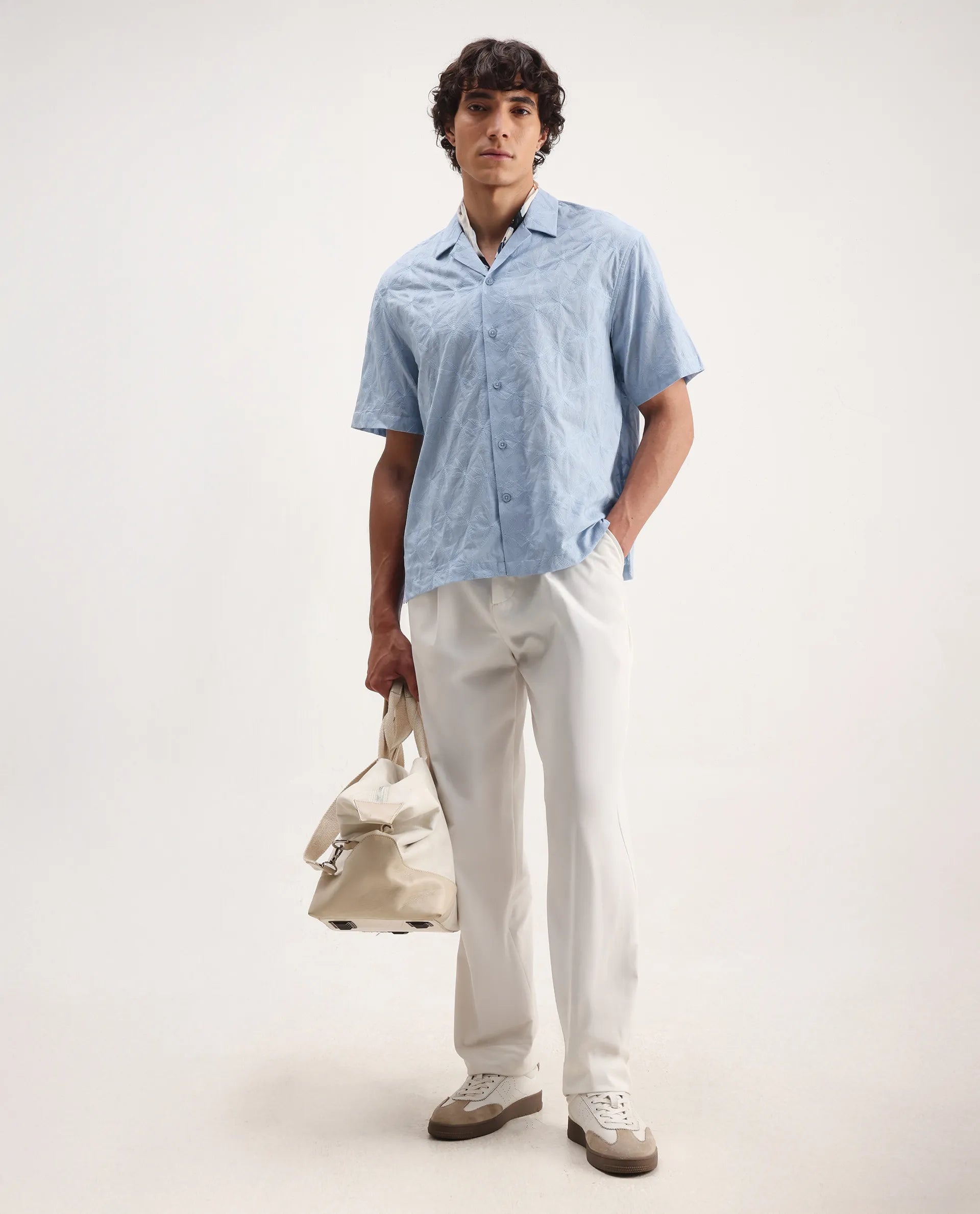 Rare Rabbit Men's Halo Light Blue Cotton Embroidered Boxy Fit Half Sleeve Cuban Collar Shirt