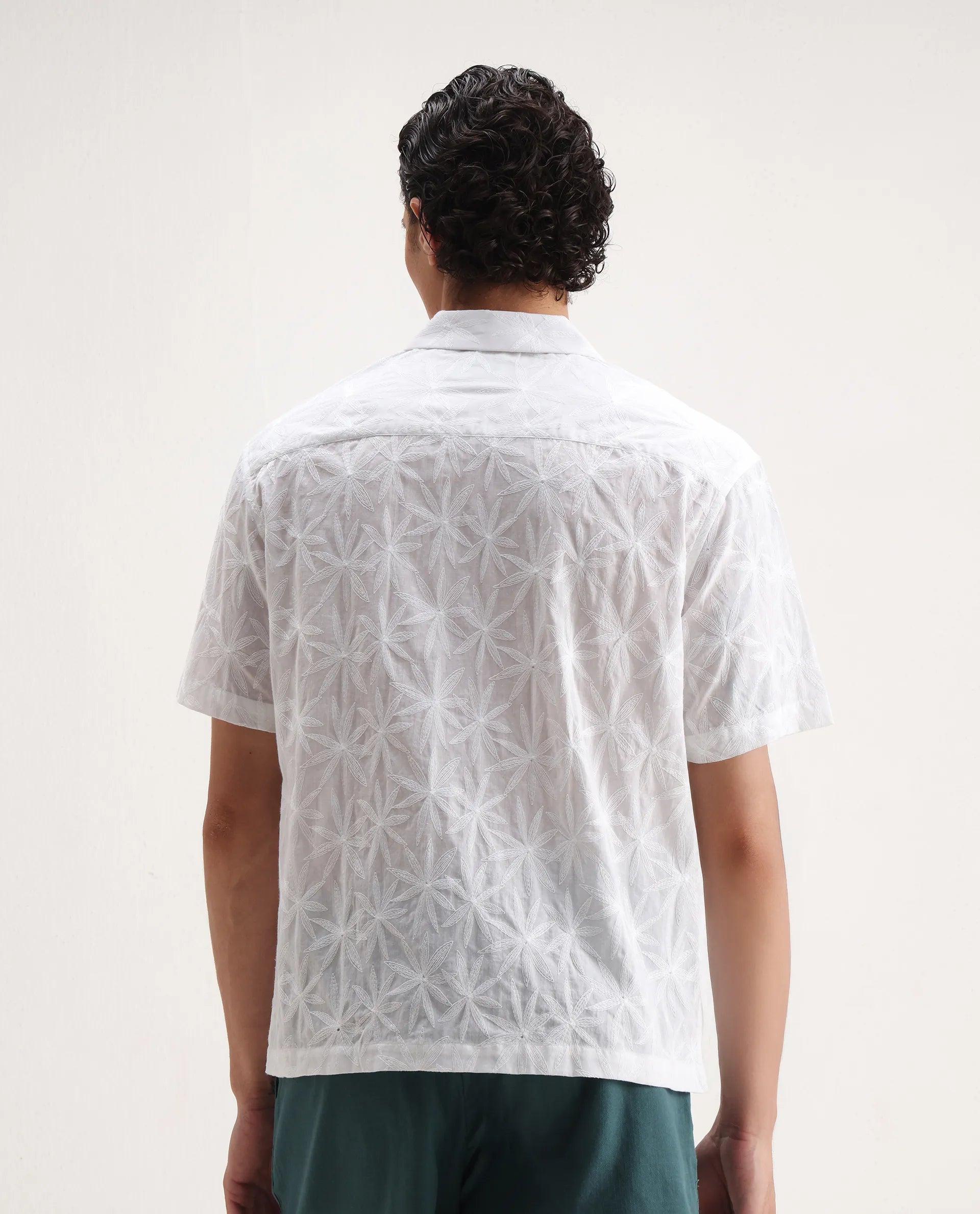 Rare Rabbit Men's Halo White Cotton Embroidered Boxy Fit Half Sleeve Cuban Collar Shirt